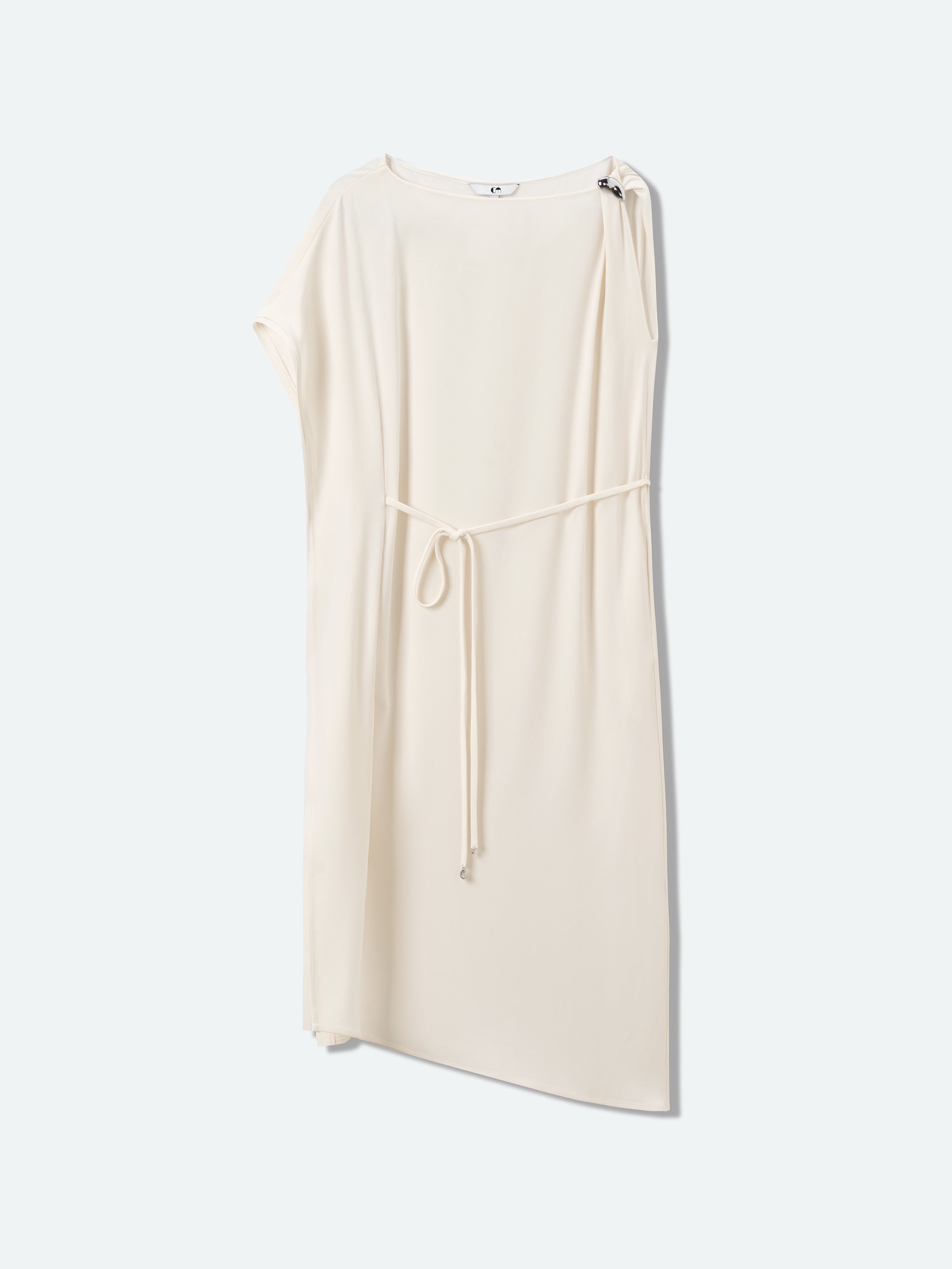 Cream White Acetate Satin Boat Neck Asymmetric Dress