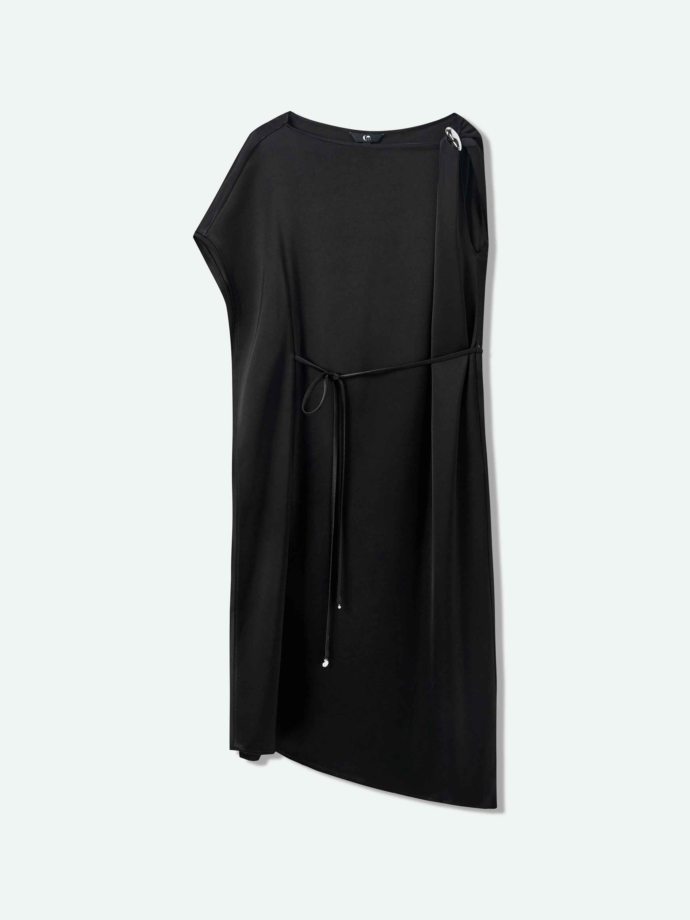 Black Acetate Satin Boat Neck Asymmetric Sleeve Dress
