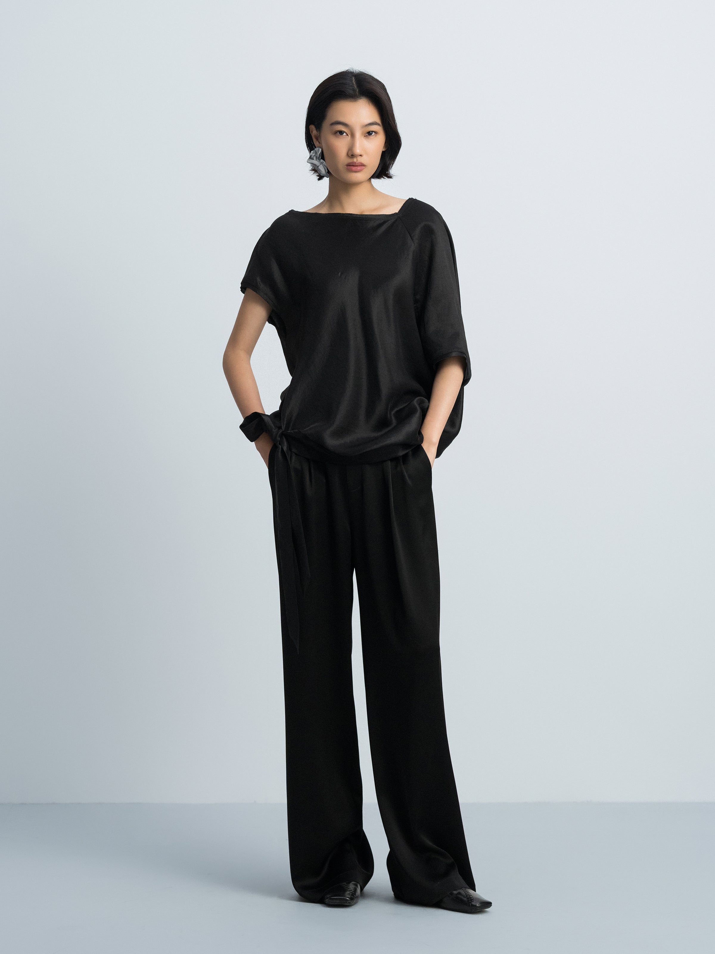 Black Water Wave Satin High-Waist Wide-Leg Trousers