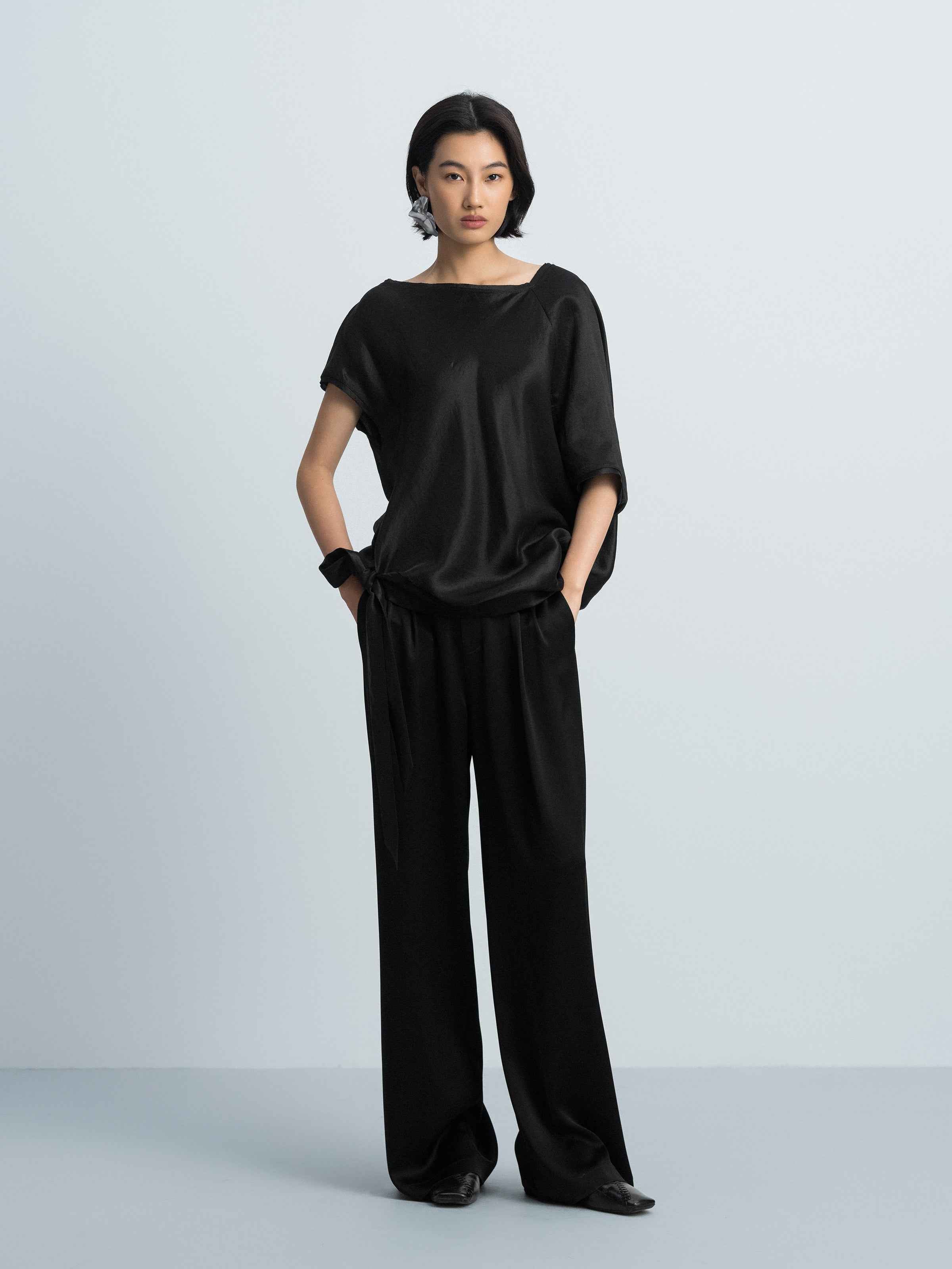 Black Water Wave Satin High-Waist Wide-Leg Trousers
