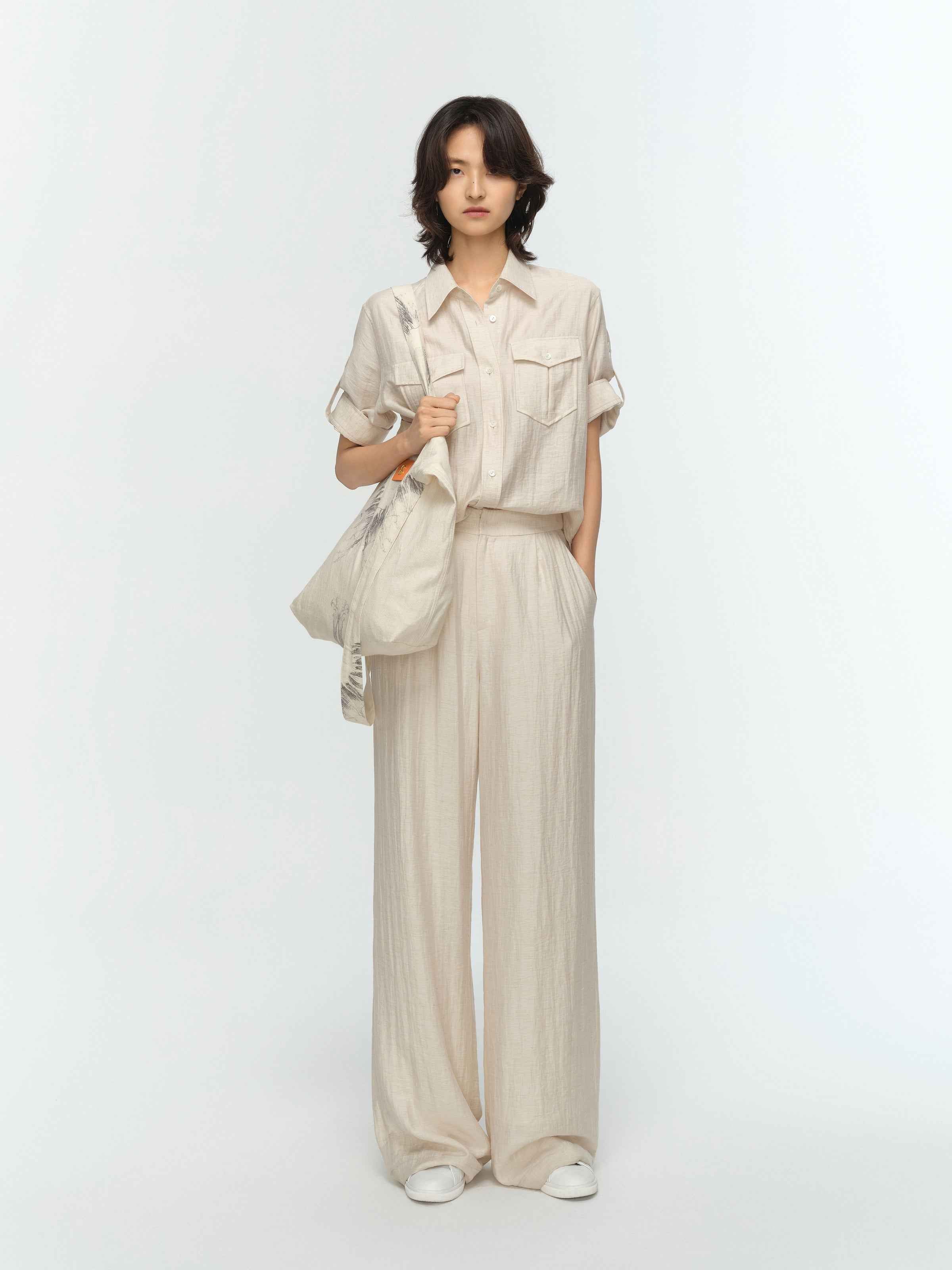 Cream White Linen Utility Pocket Straight Short-Sleeve Shirt