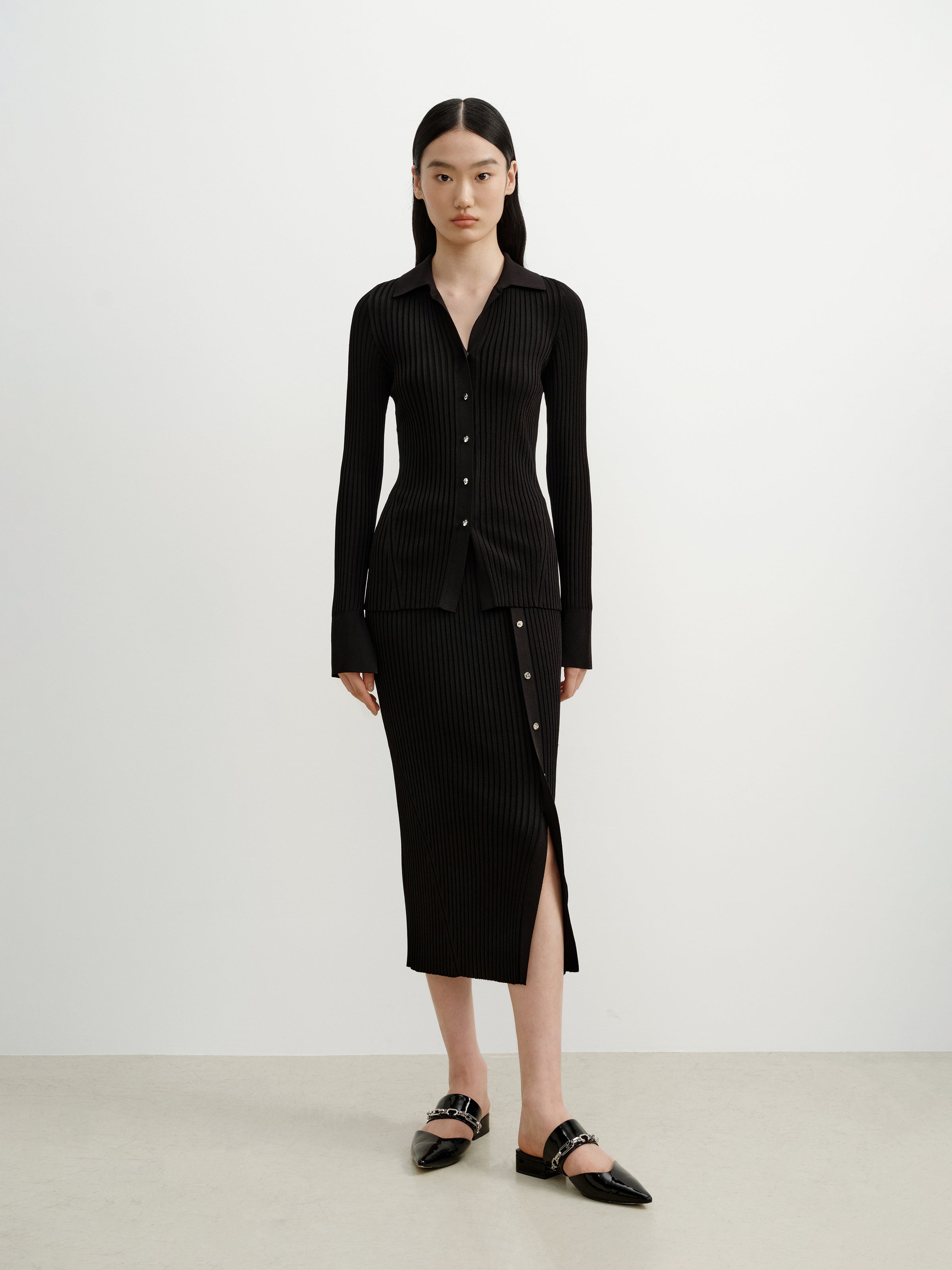 Black Viscose Blend Straight Asymmetric Slit Midi Skirt
