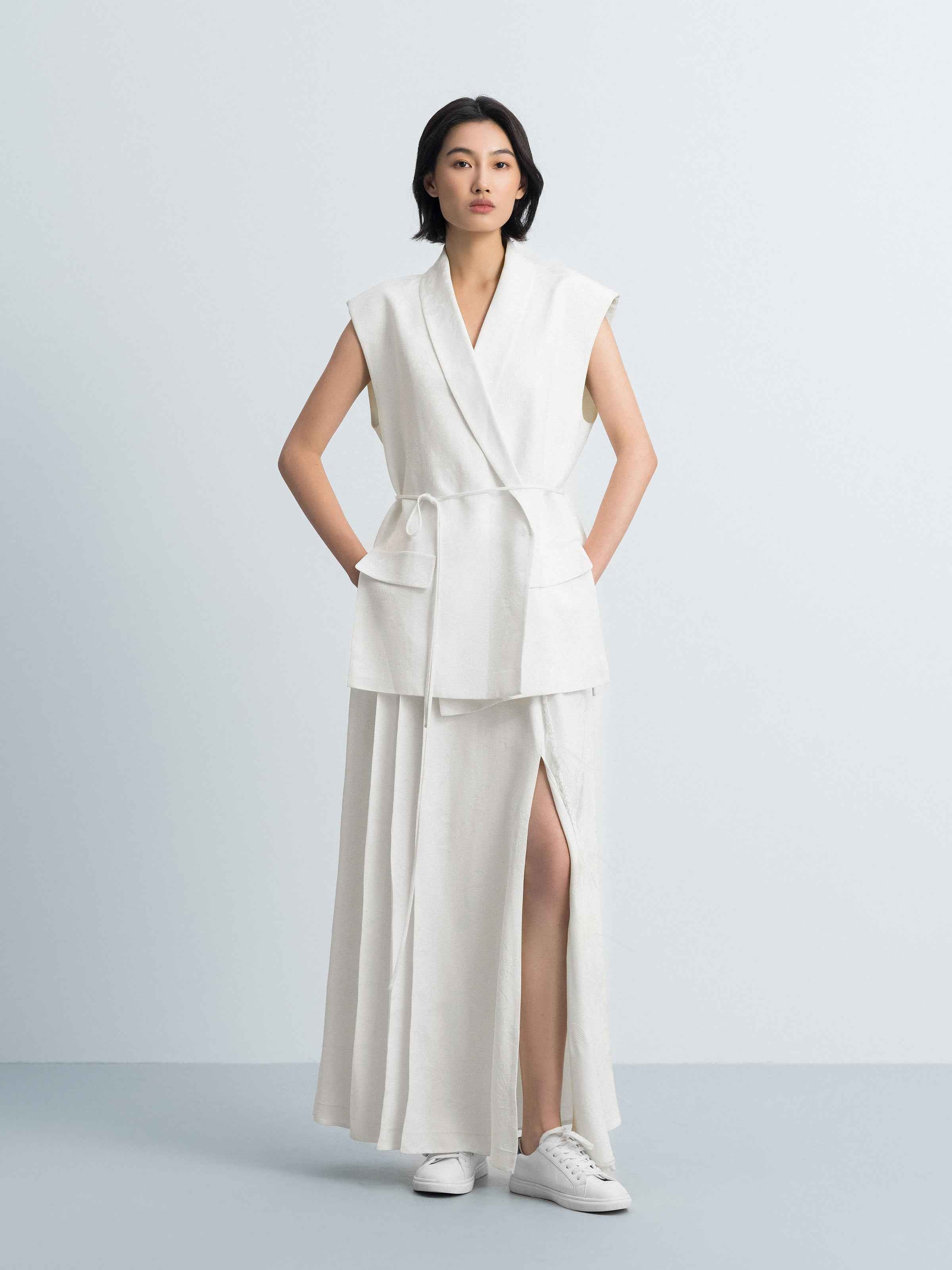 Cream White Rayon Jacquard A-Line Front Pleat Skirt