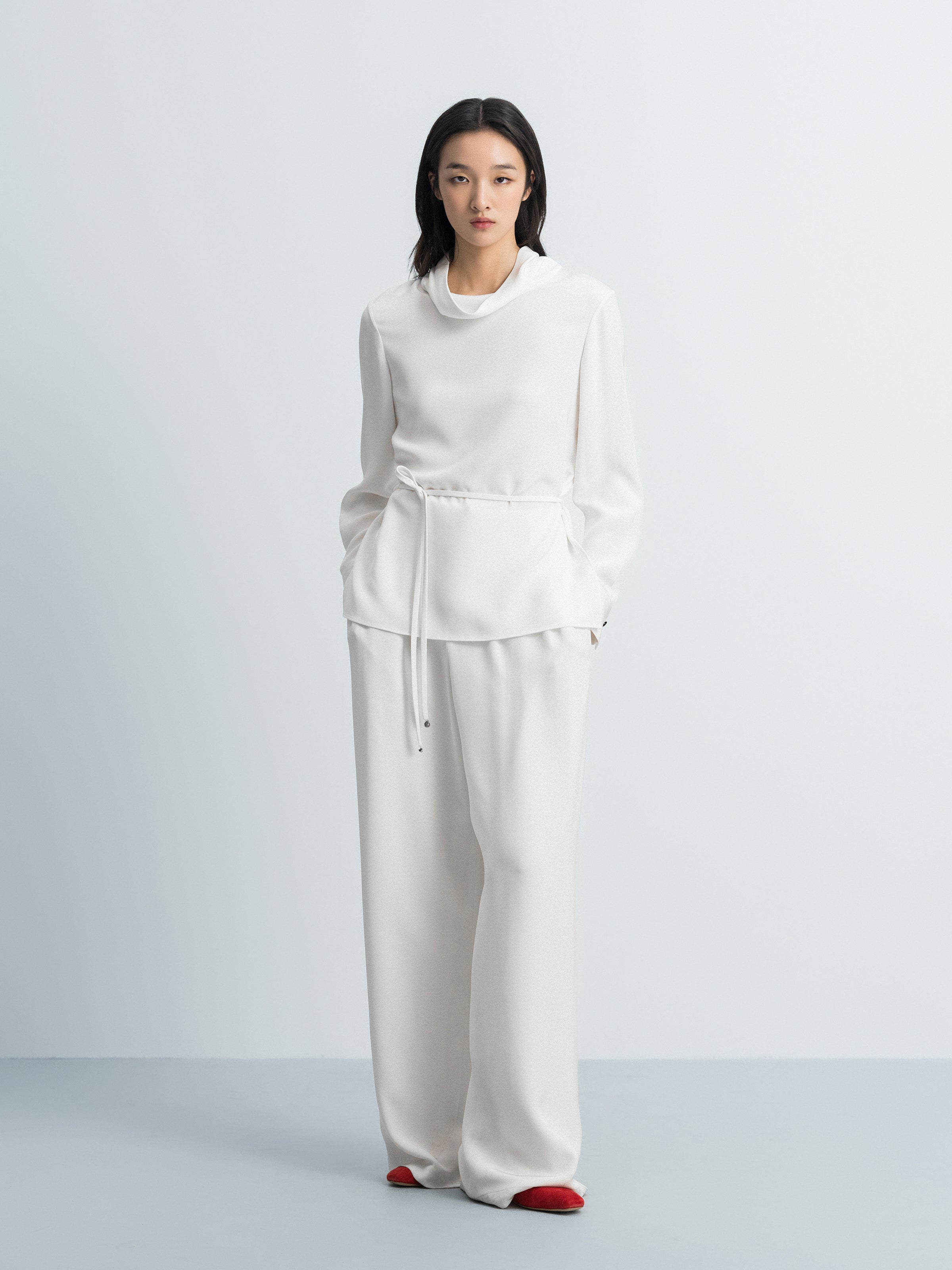 Cream White Mulberry Silk Drawstring Waist Long-Sleeve Top