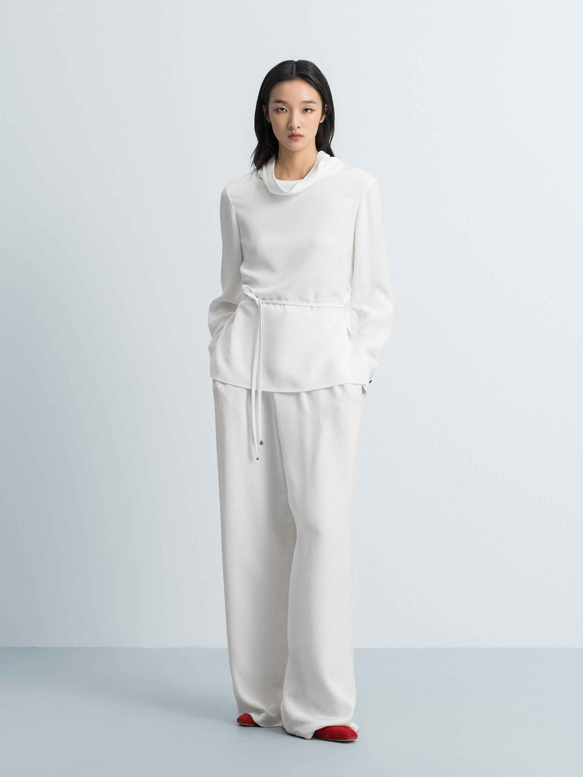 Cream White Mulberry Silk Drawstring Waist Long-Sleeve Top