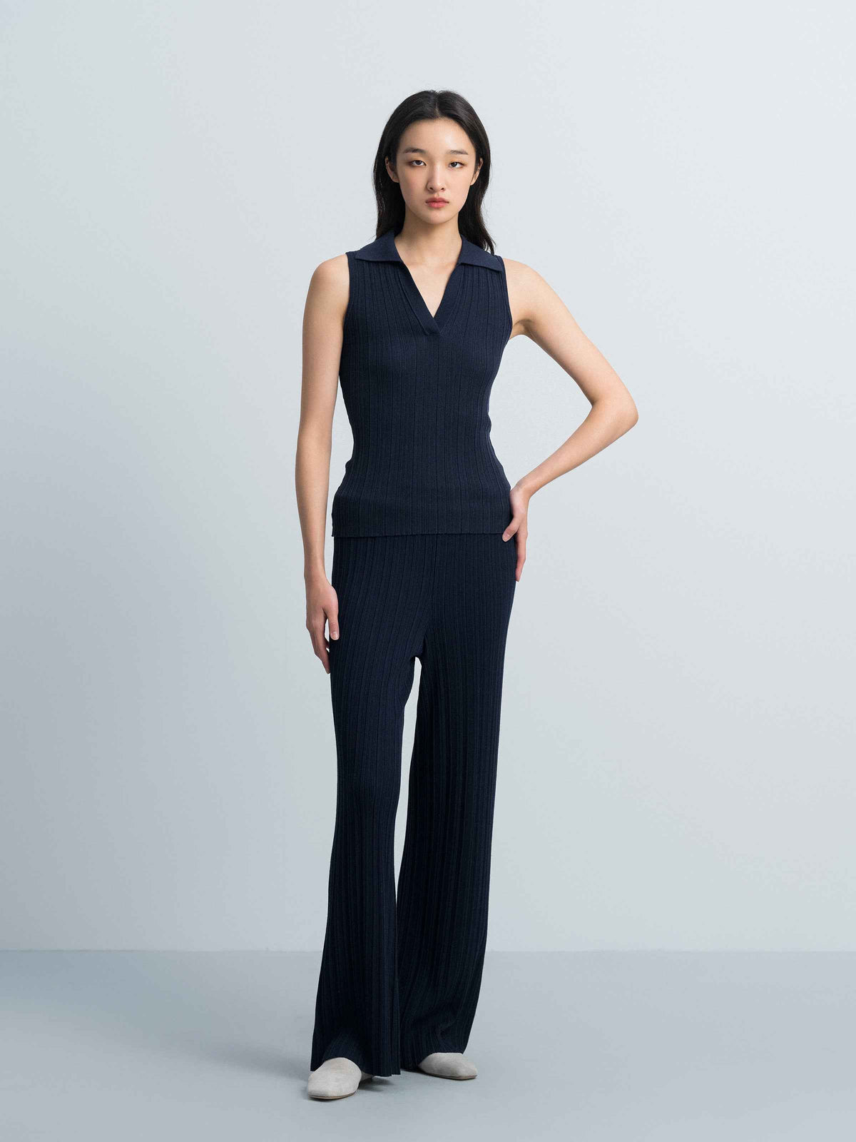Navy Blue Tencel Acetate Straight Leg Minimalist Knit Trousers