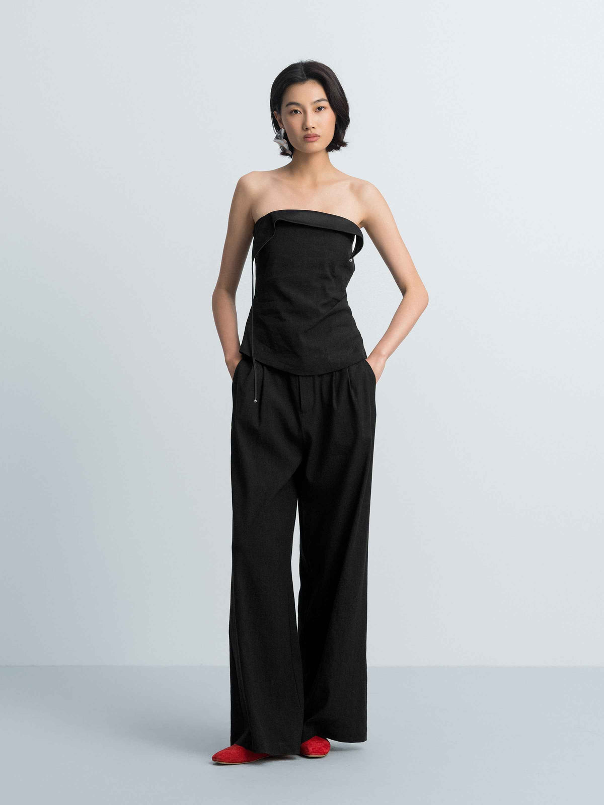 Black Linen Blend Double Pleat Wide-Leg Trousers
