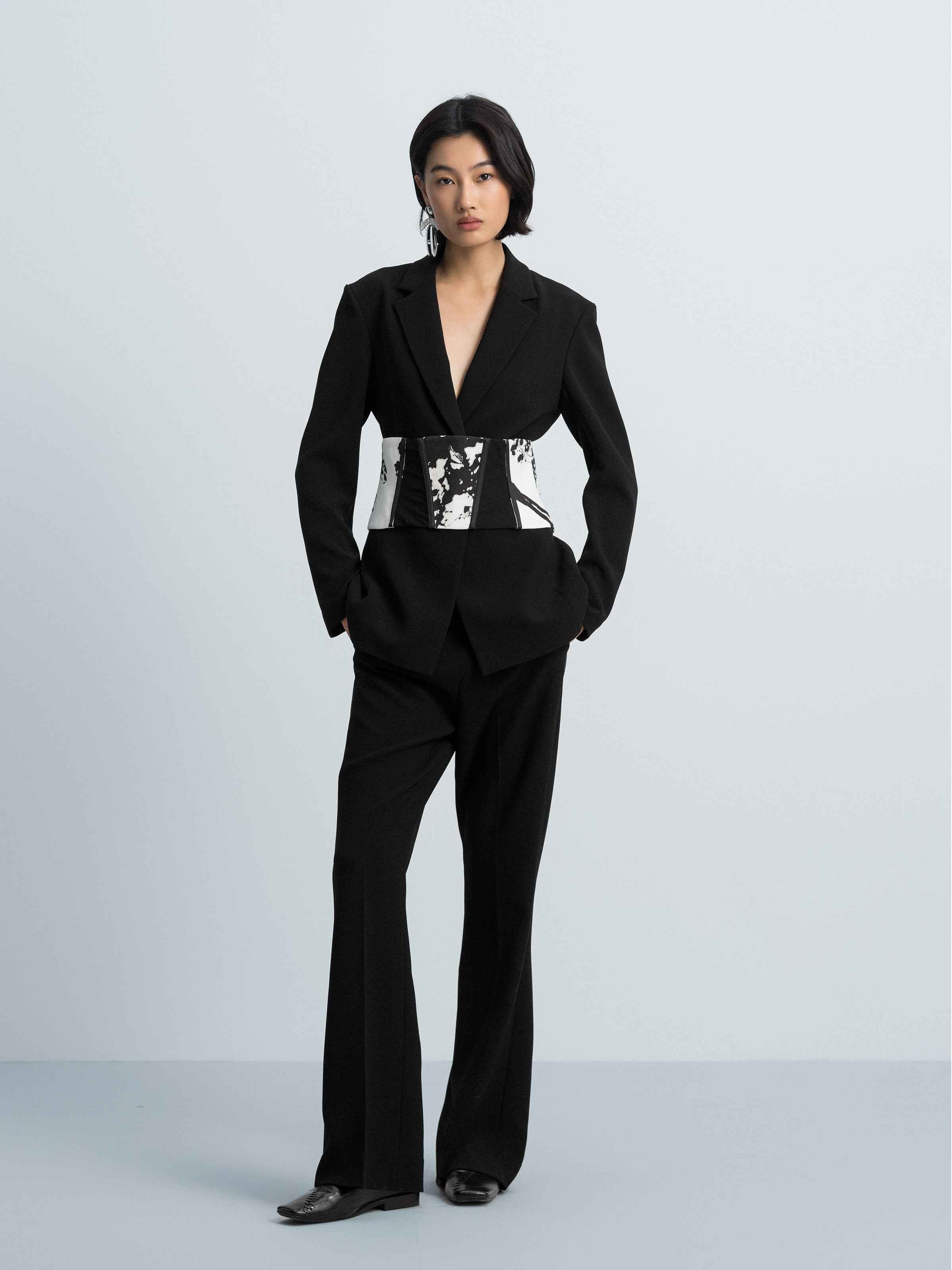 Black Triacetate Polyester Fitted Waist Detachable Belt Blazer