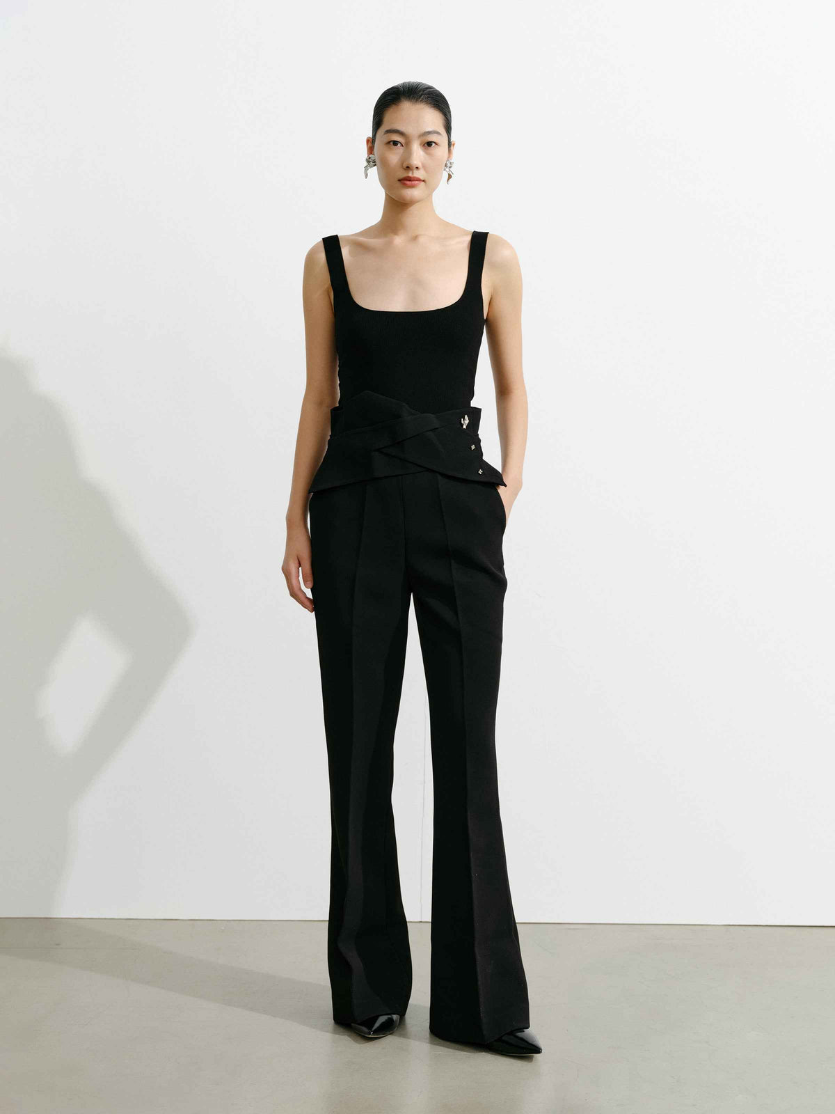 Waistband‑Decorated Flare Trousers