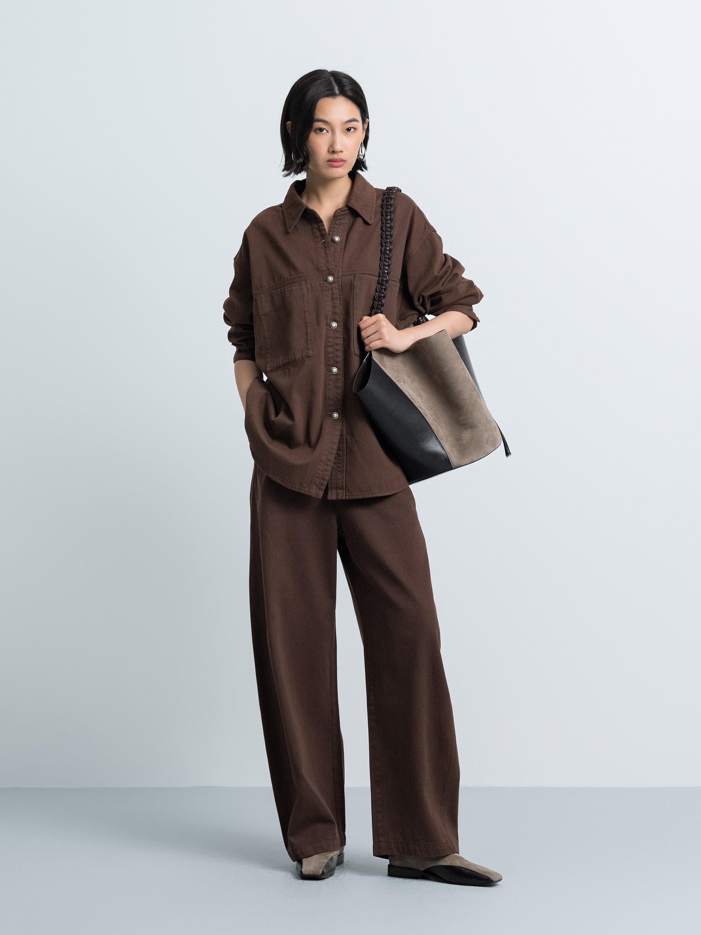 Coffee brown long-sleeve denim shirt with button front and chest pockets