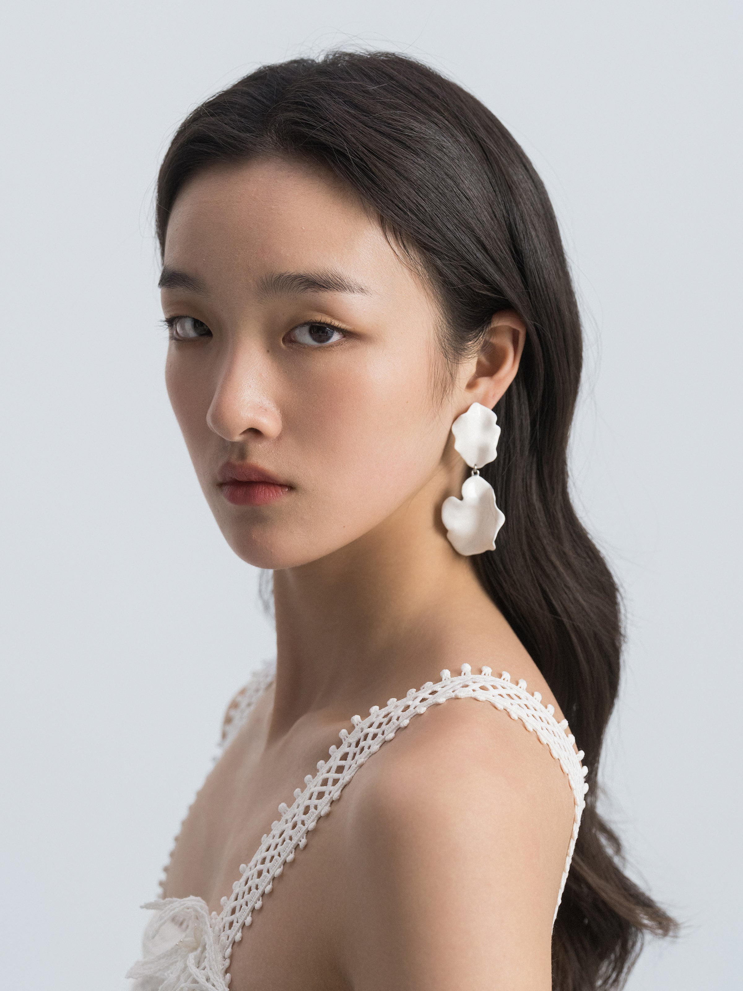 Off White Enamel Double Layer Overlapping Petal Stud Earrings