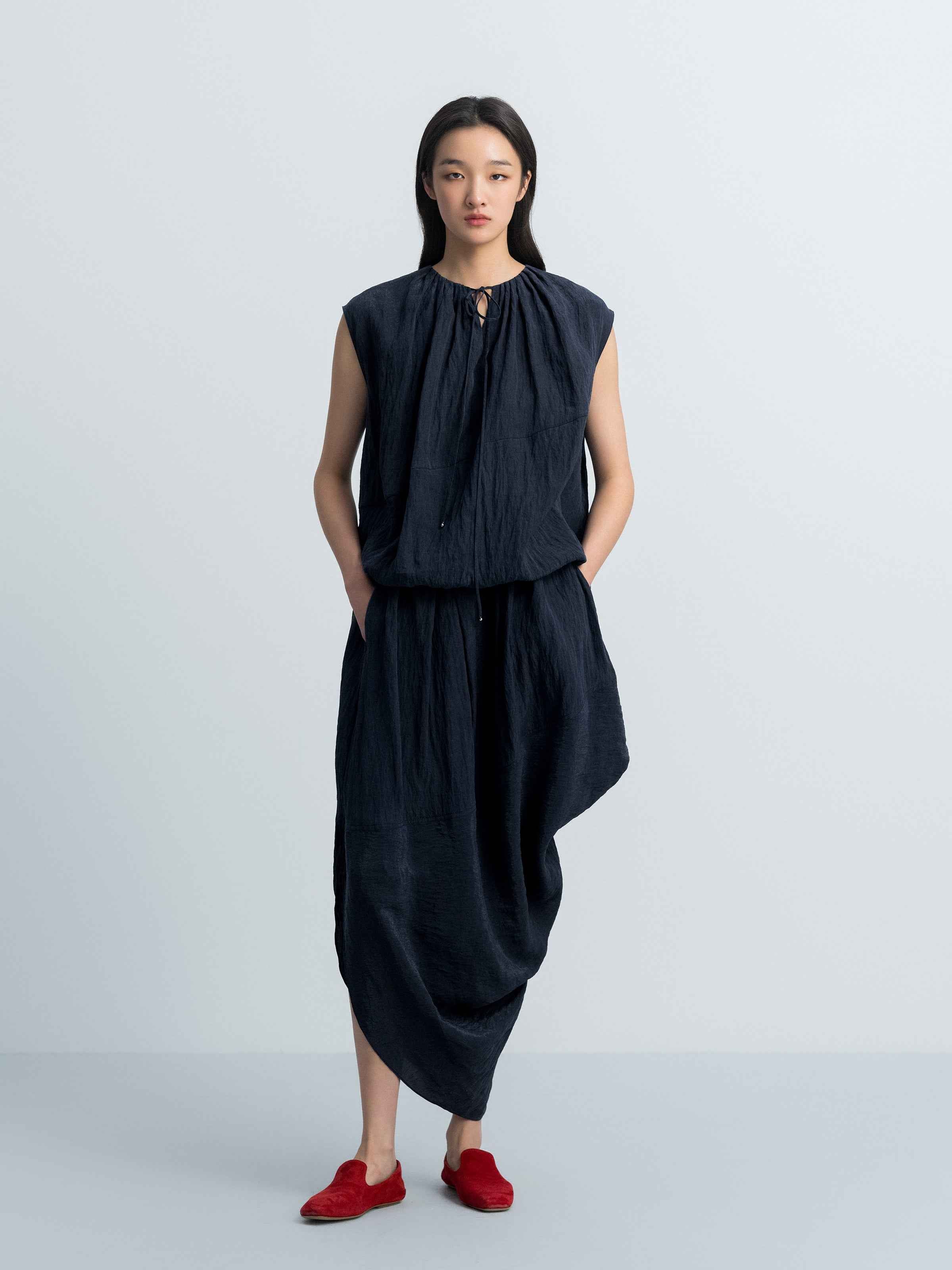 Navy Blue Tencel Snow-Washed Irregular Drape Long Skirt