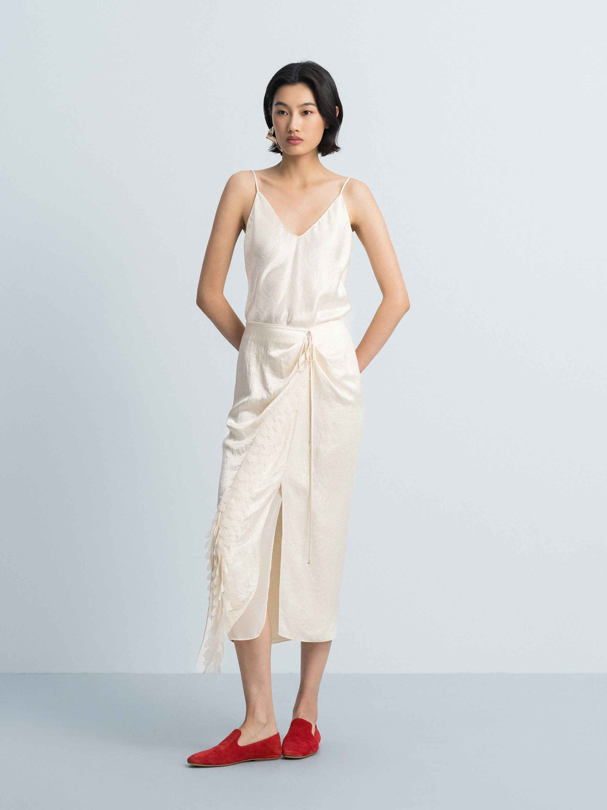 Cream White Acetate Ruched Waist Front Slit Midi Skirt