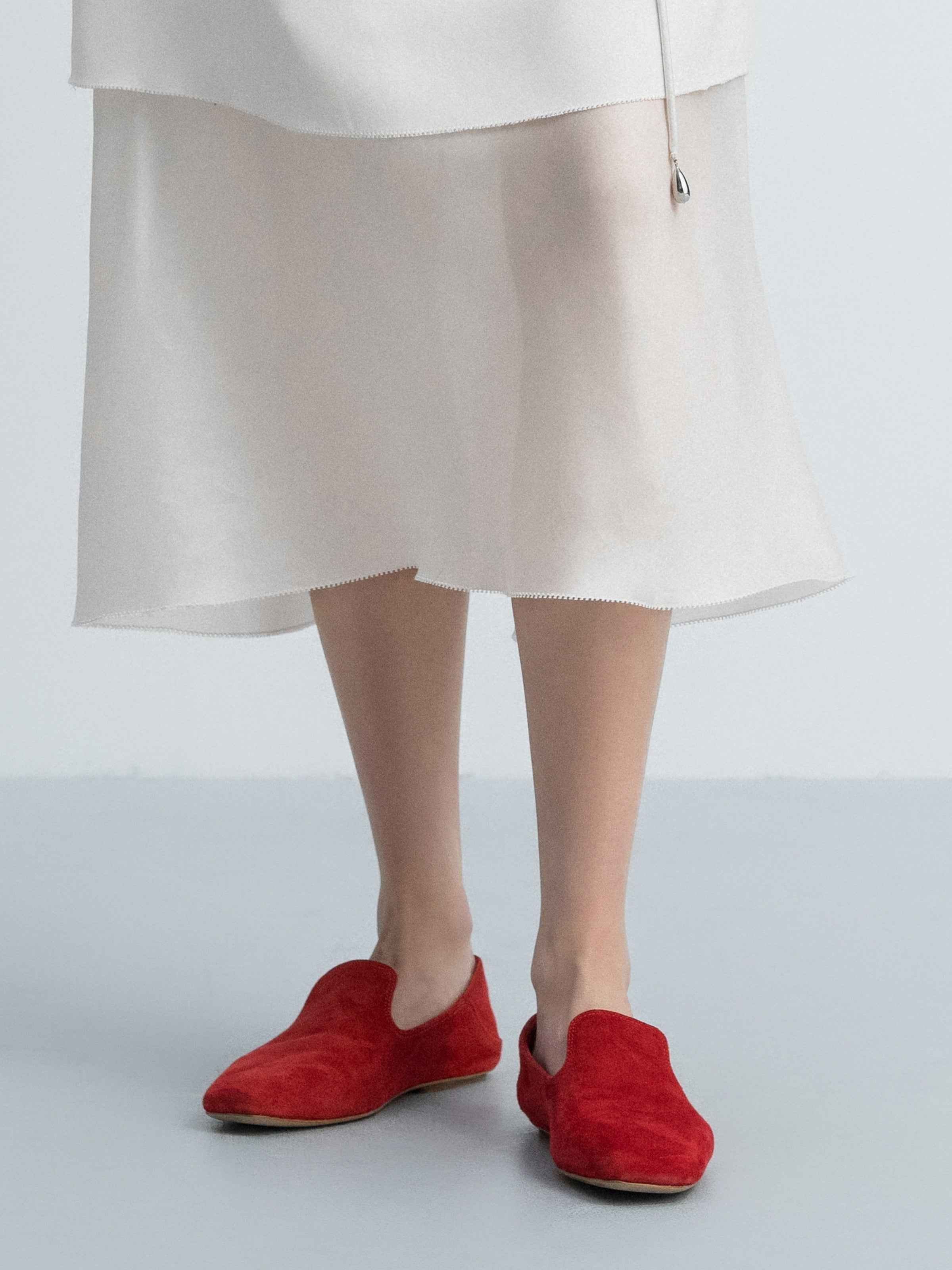 Bright Red Suede Goatskin U-Cut Square Toe Loafer Flats