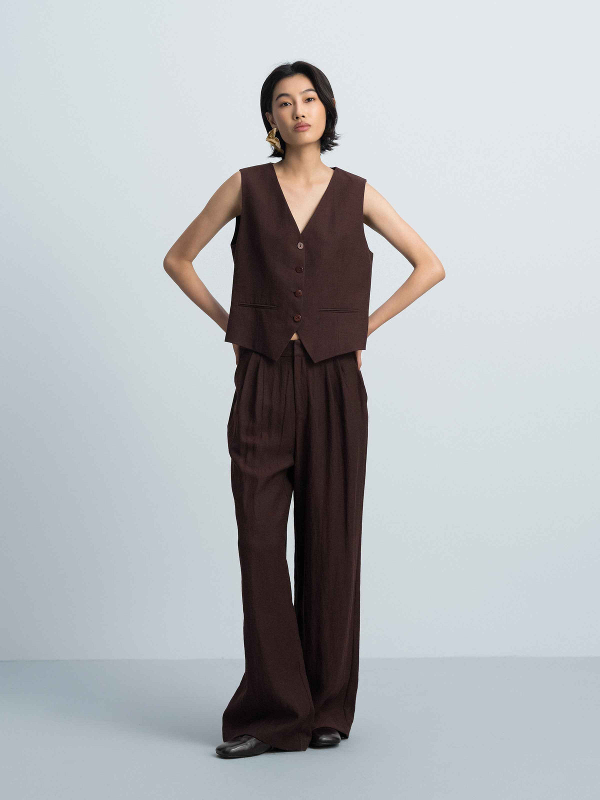 Coffee Brown Linen Blend Shell Button V-Neck Vest