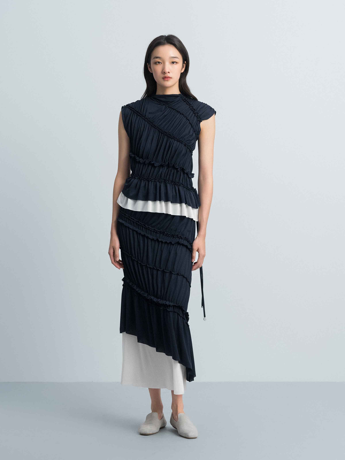 Navy Blue Acetate Knit Diagonal Shirring Irregular Midi Skirt