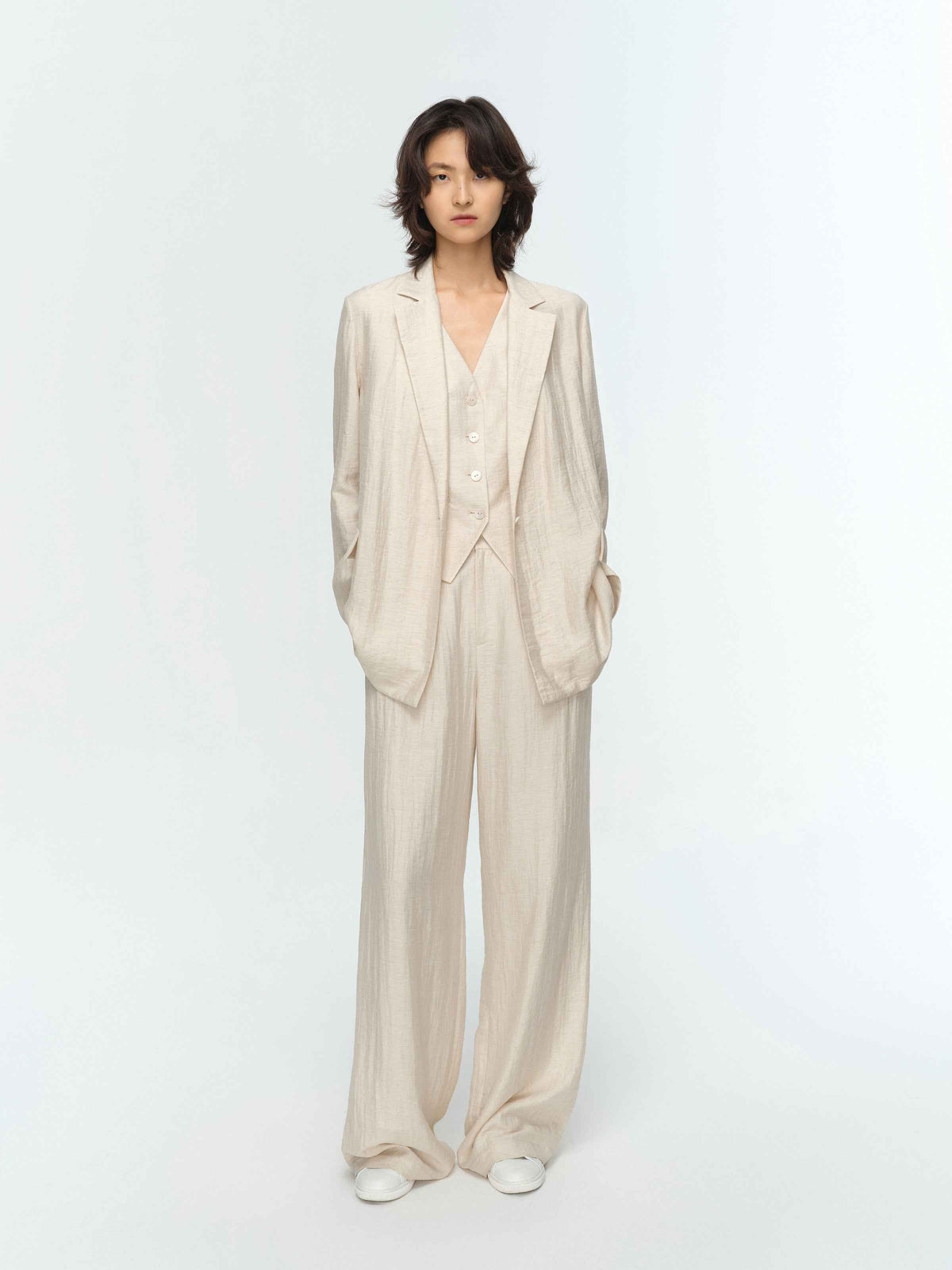 Cream White Linen Shell Button Straight Blazer