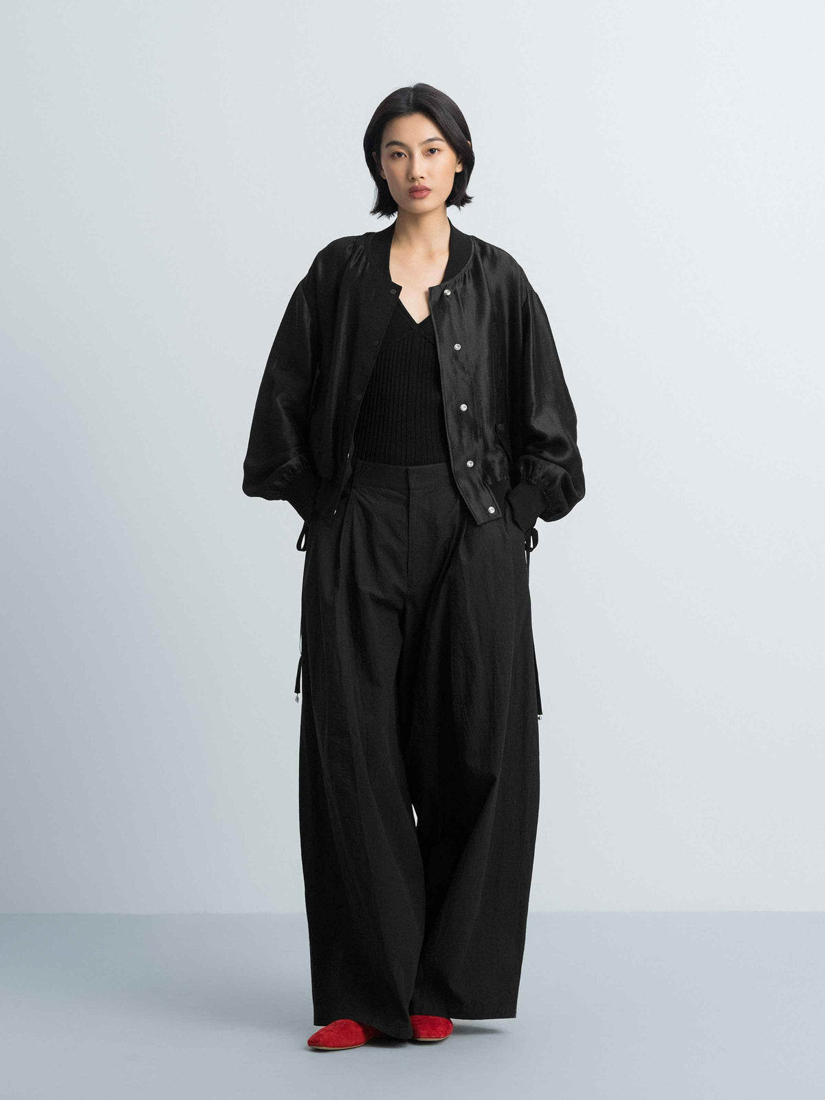 Black Shiny Silk Cropped Drop-Shoulder Drawstring Jacket