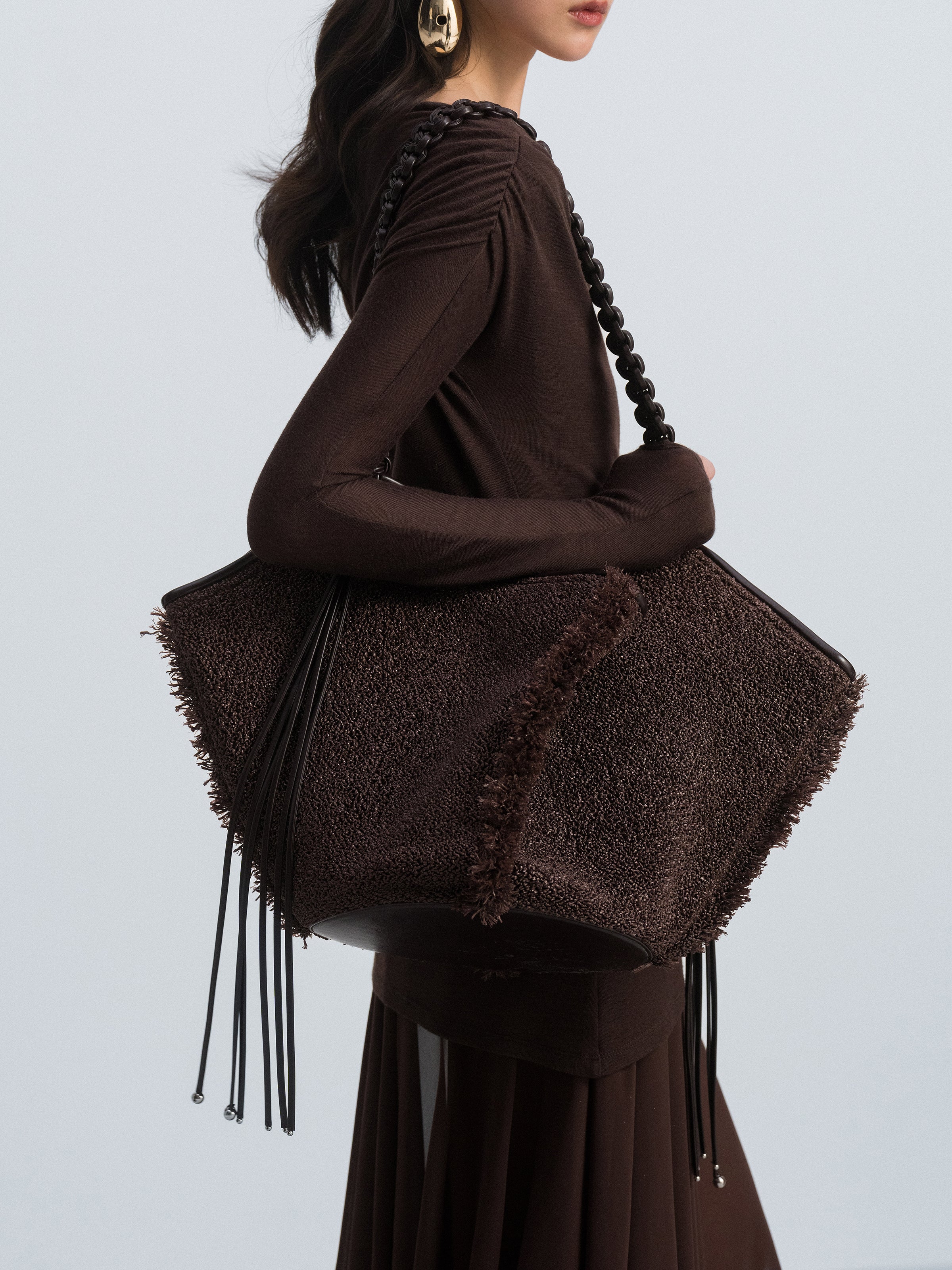 Brown Faux Straw Fringe Leather Cord Handle Tote Bag