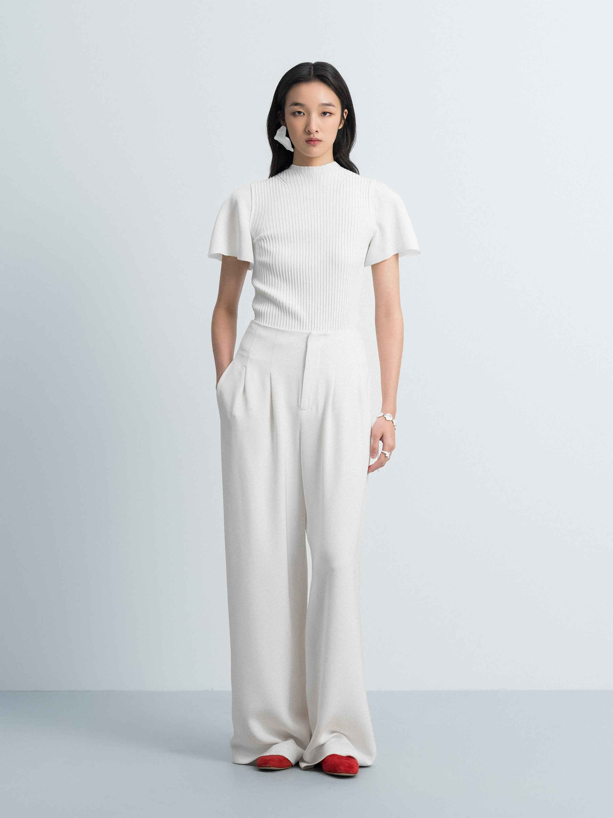 Cream White Mulberry Silk Double Pleat Wide-Leg Trousers