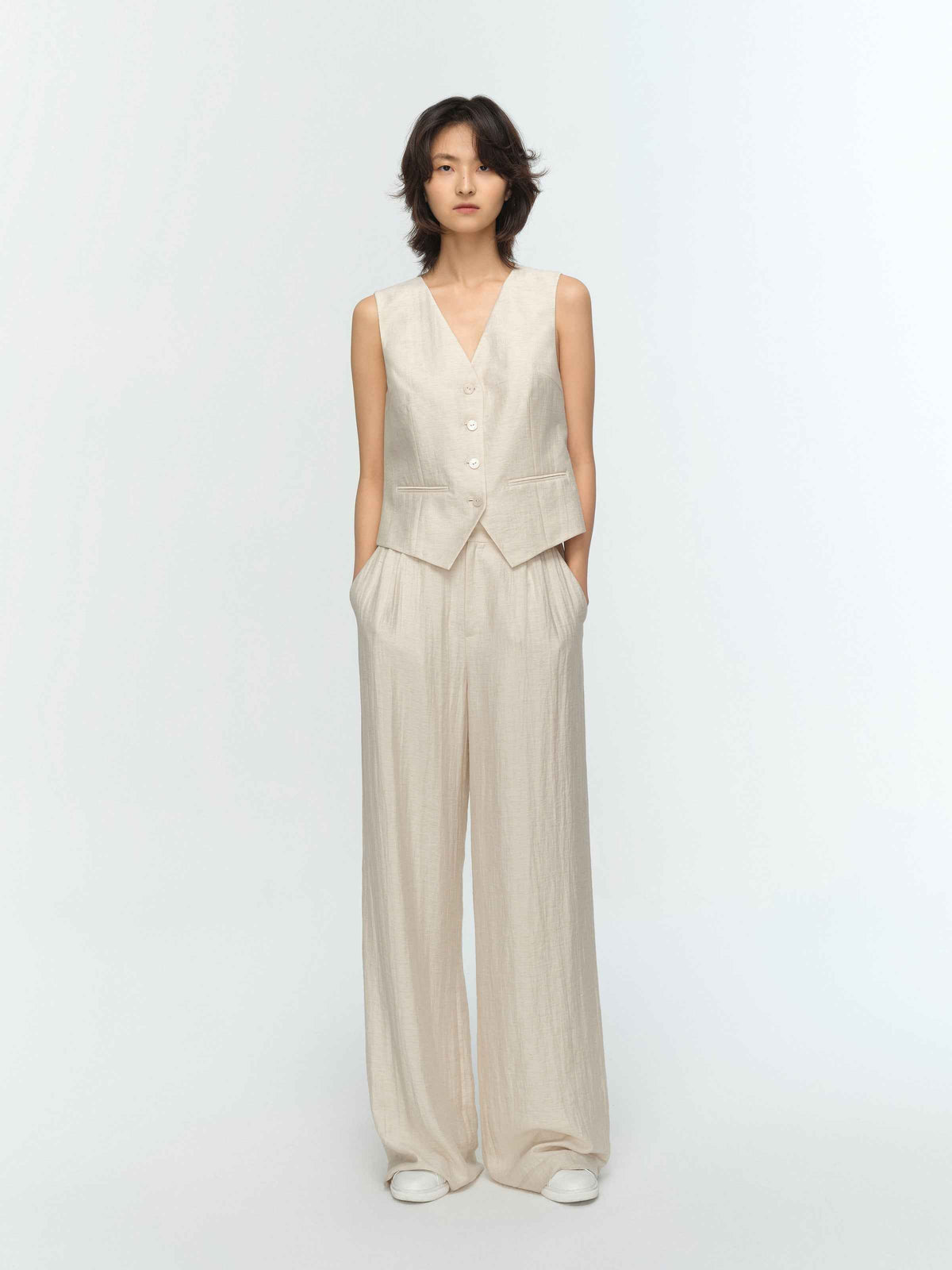 Cream White Linen Cropped V-Neck Slanted Hem Vest