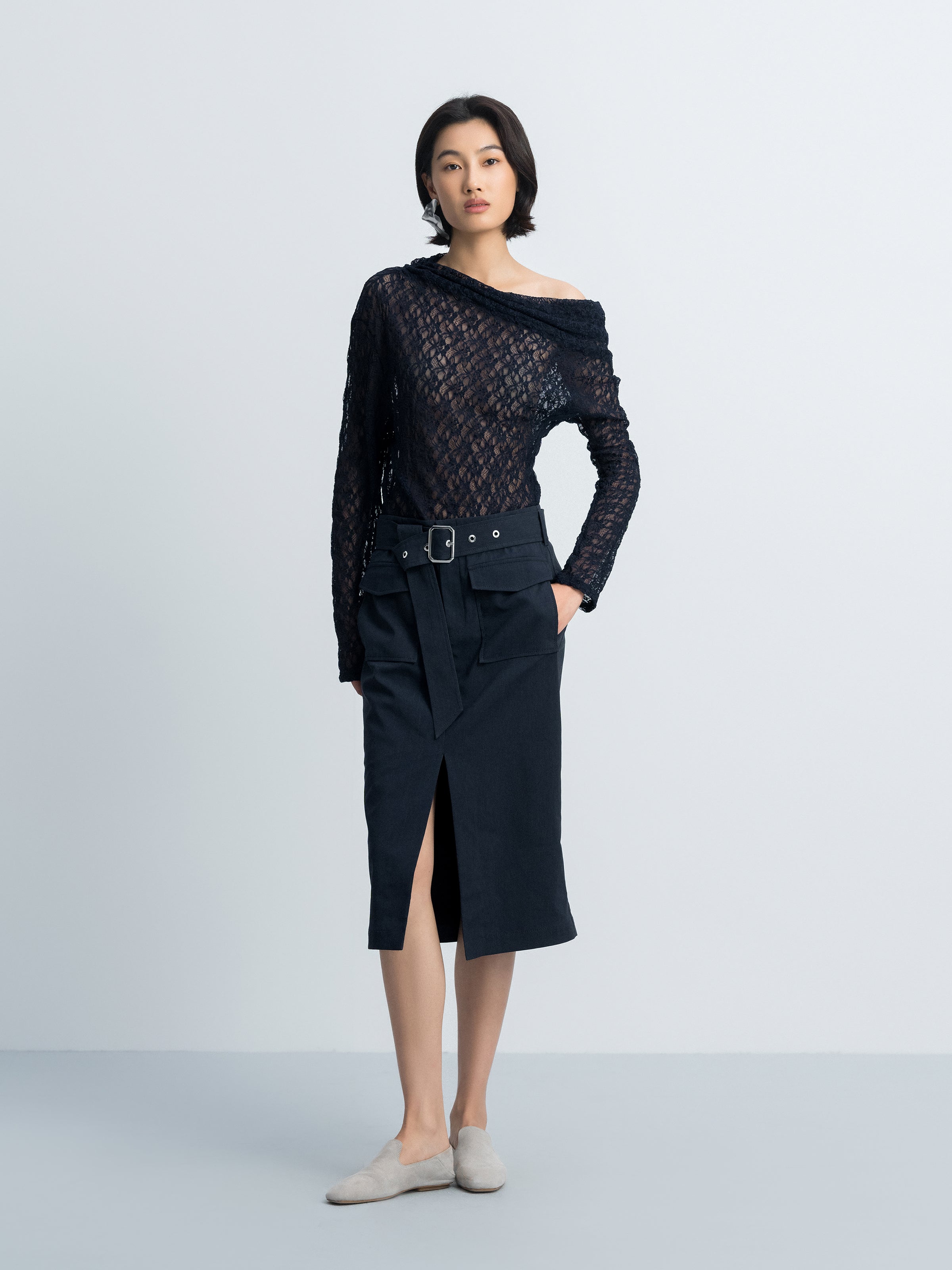 Navy Blue Linen Blend D-Ring Utility Pocket Midi Skirt