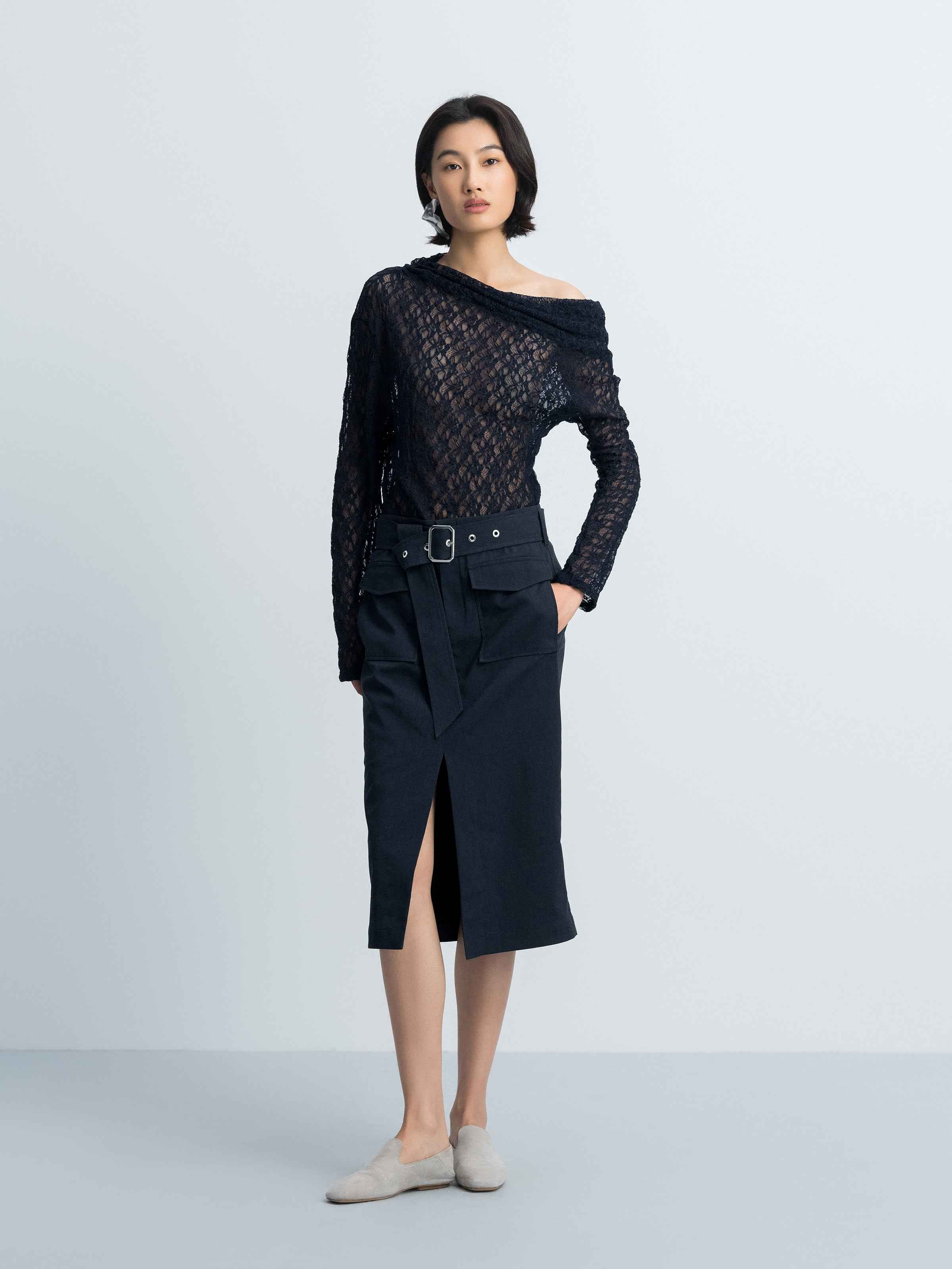 Navy Blue Linen Blend D-Ring Utility Pocket Midi Skirt