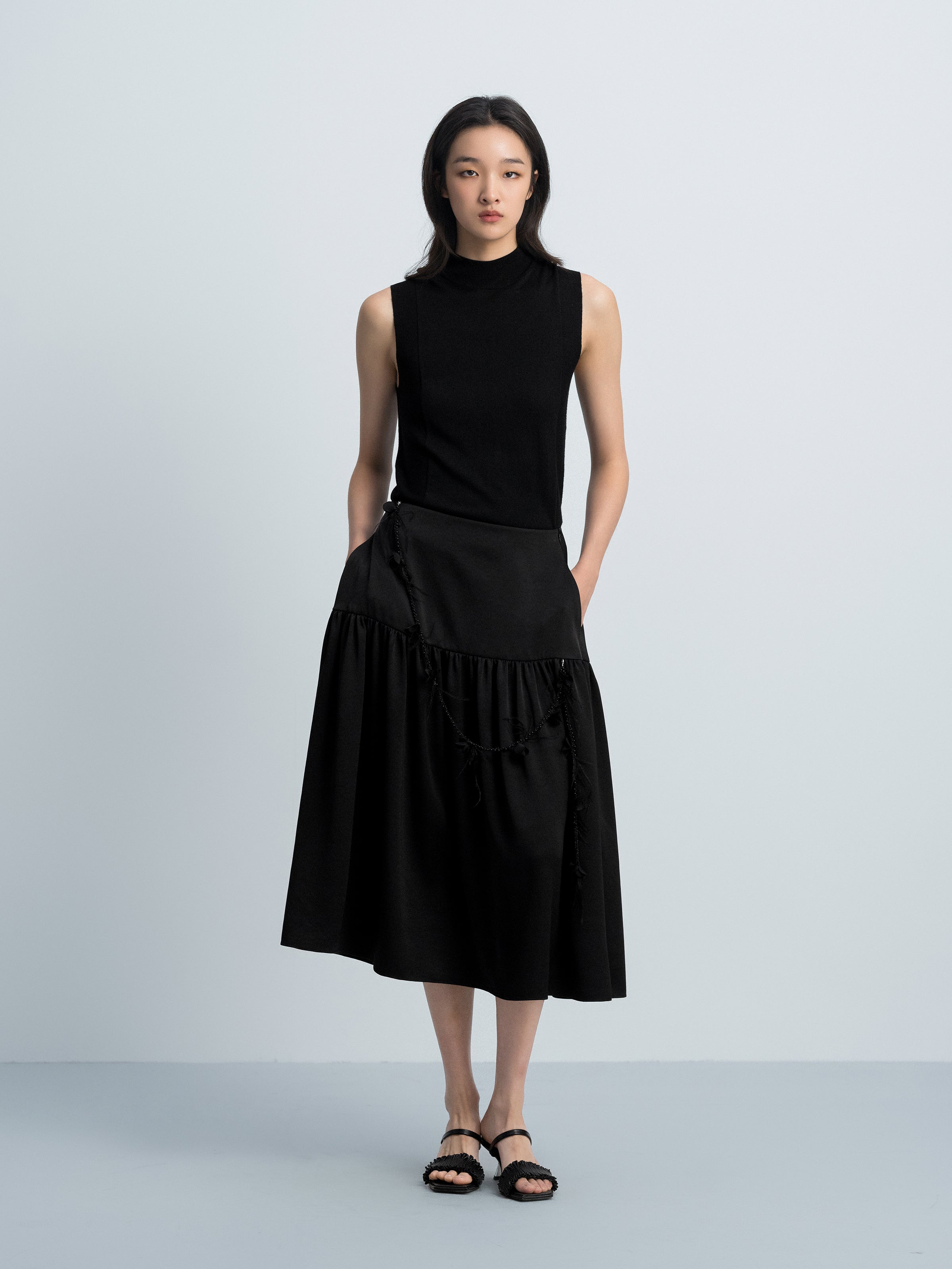 Black Triacetate 3D Pleat Ruched Patchwork Midi Skirt