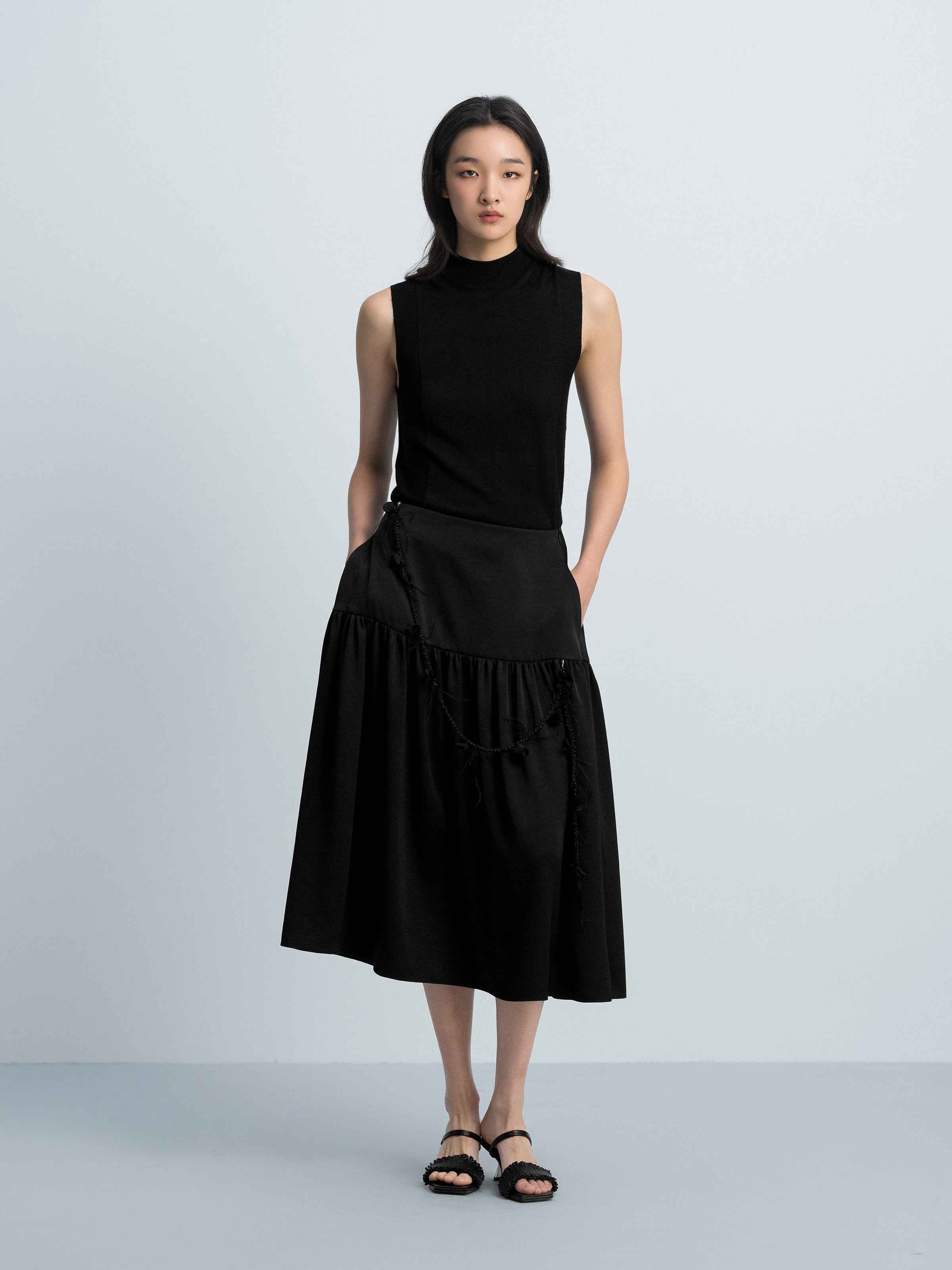 Black Triacetate 3D Pleat Ruched Patchwork Midi Skirt