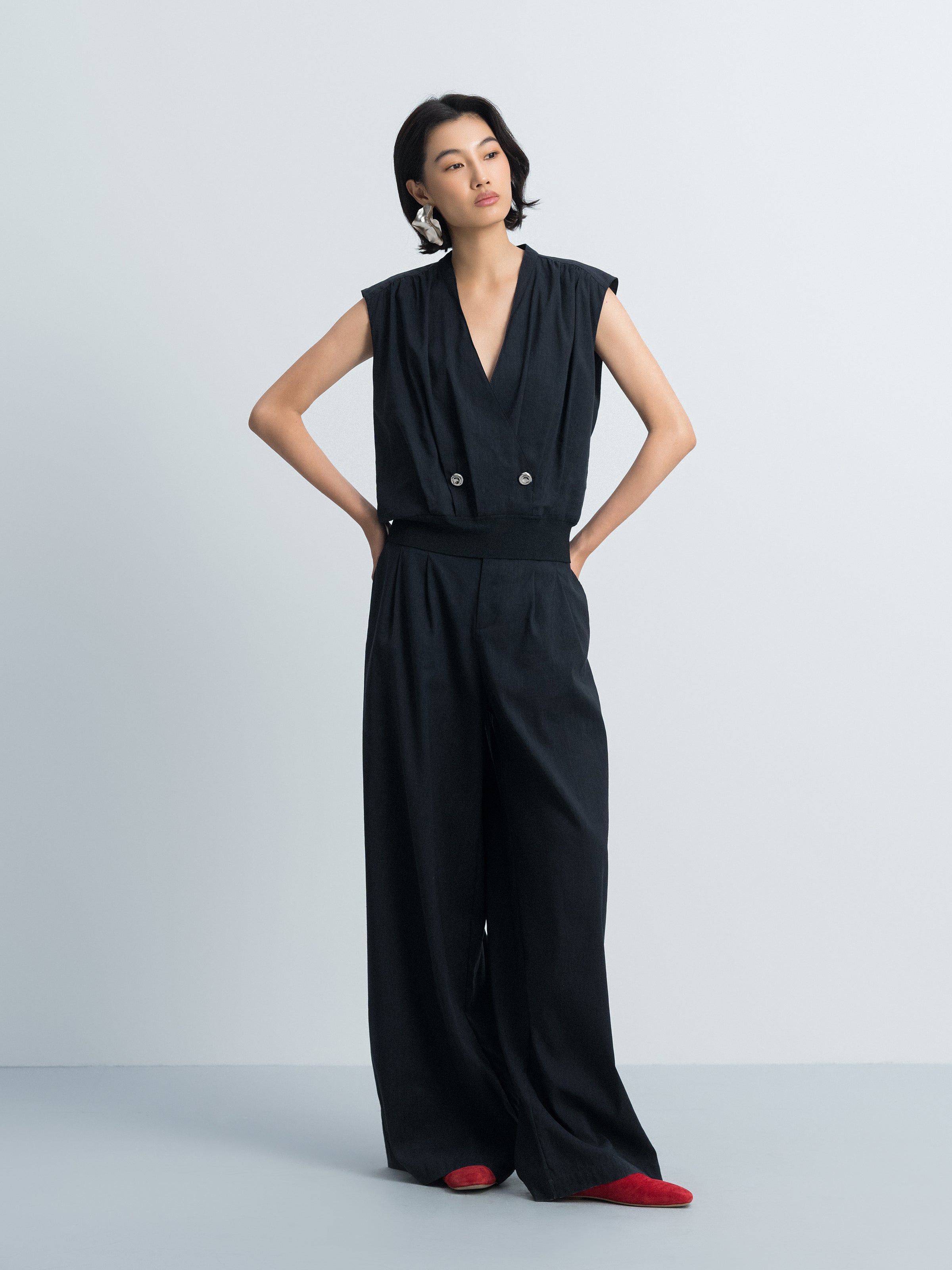 Navy Blue Linen Blend Double Pleat Wide-Leg Trousers
