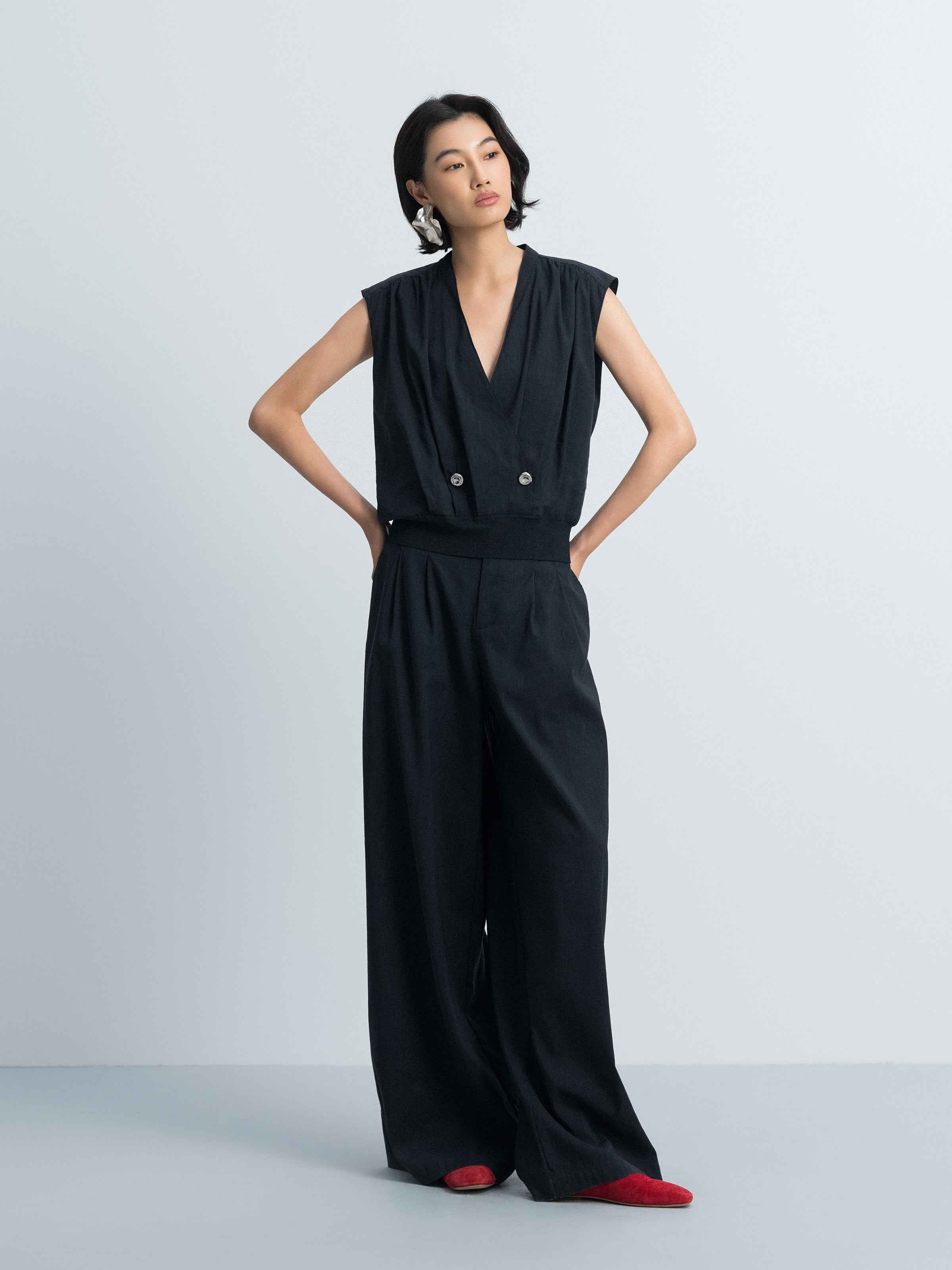 Navy Blue Linen Blend Double Pleat Wide-Leg Trousers