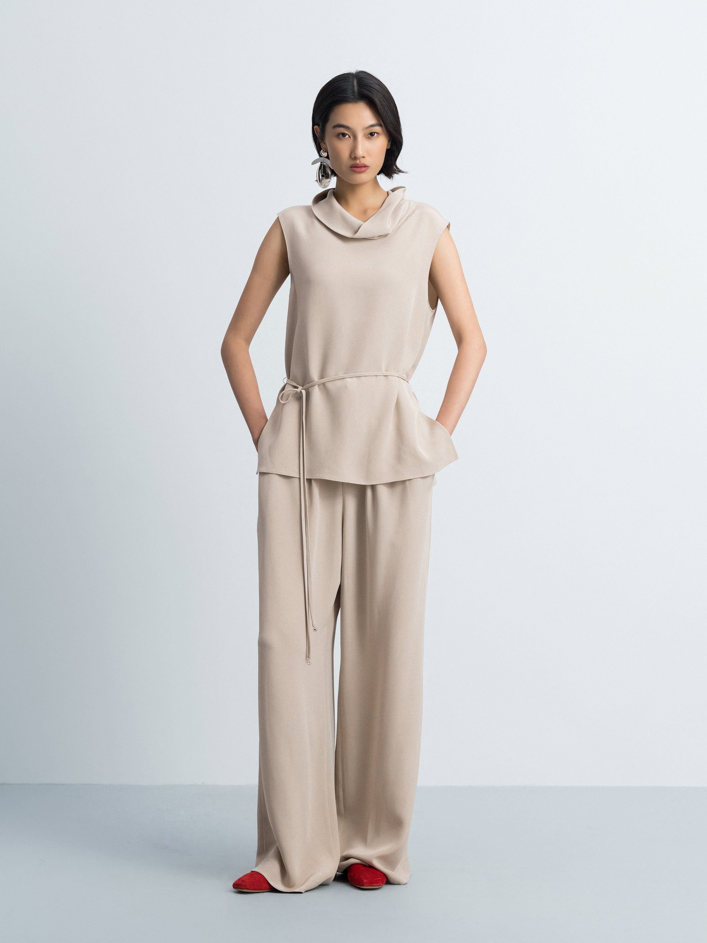 Light Khaki Mulberry Silk Double Pleat Wide-Leg Trousers