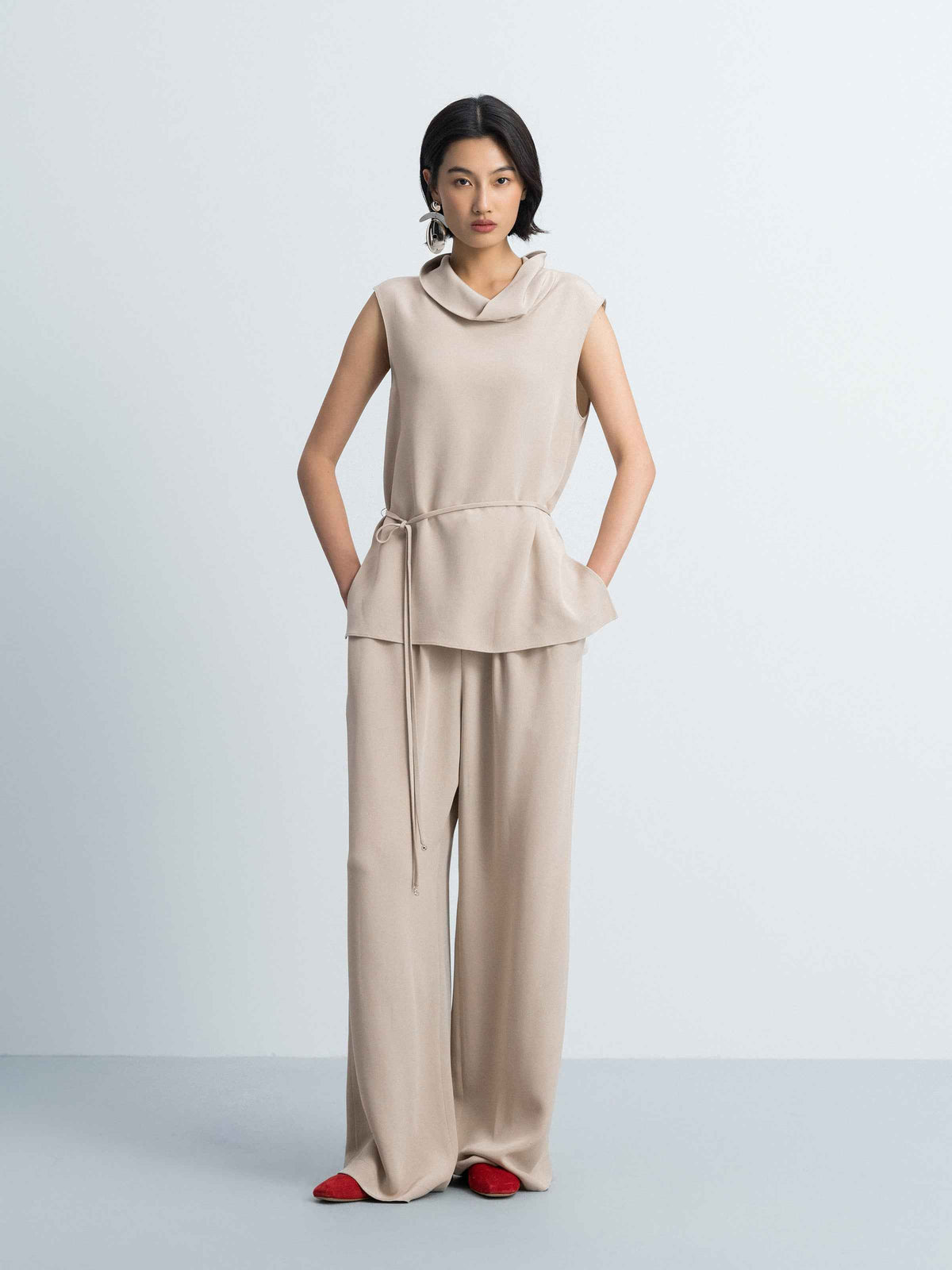 Light Khaki Mulberry Silk Double Pleat Wide-Leg Trousers