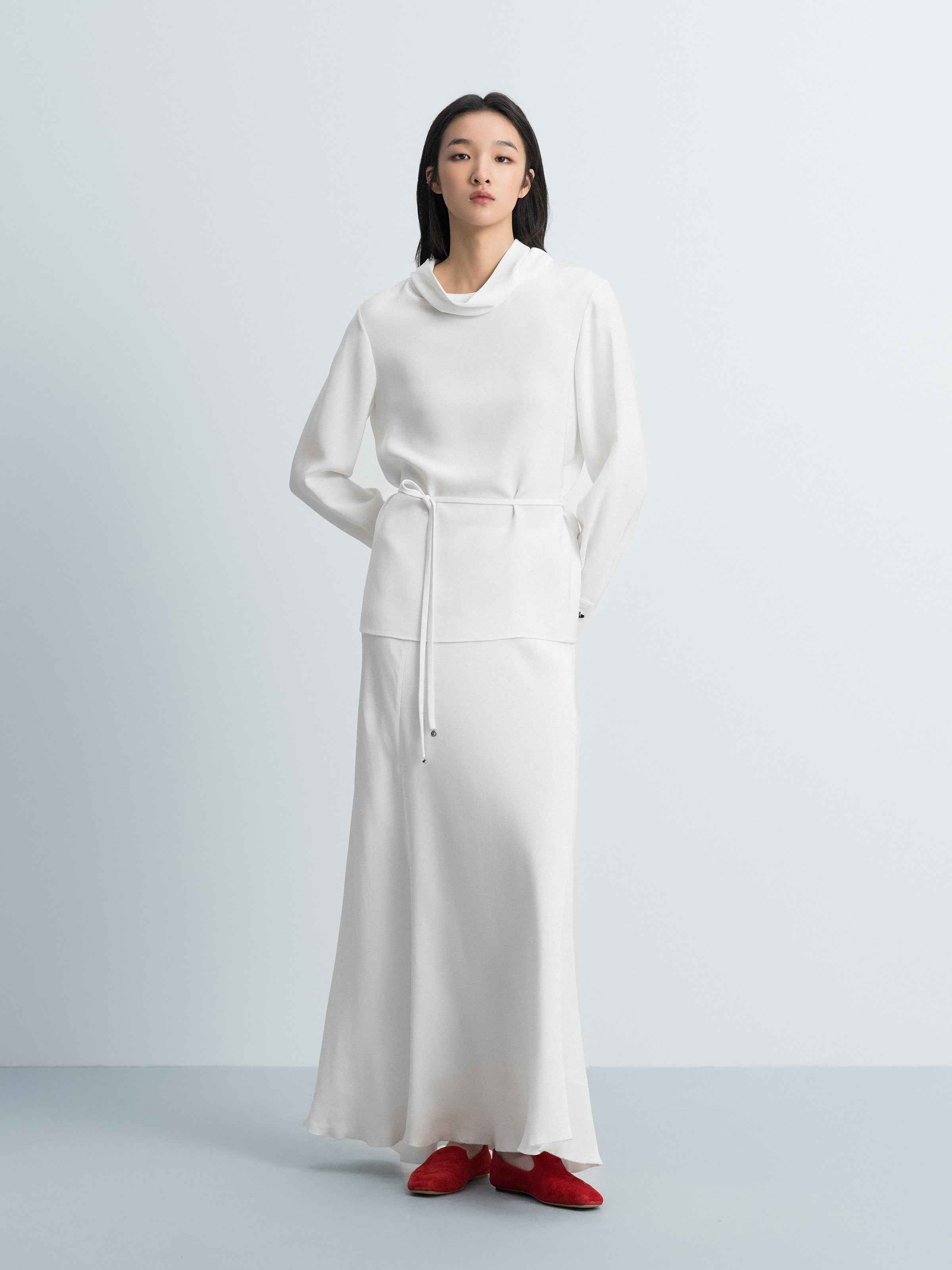 Cream White Mulberry Silk A-Line Fishtail Long Skirt