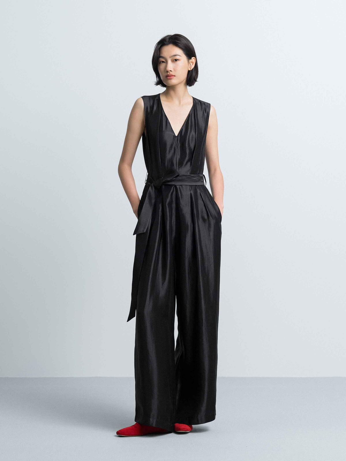 Black Shiny Silk Fitted Waist Wide Streamer Jumpsuit
