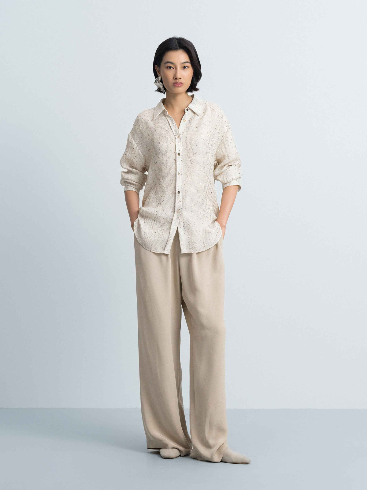 Beige Sequin Stripe Tailored Straight Long-Sleeve Shirt