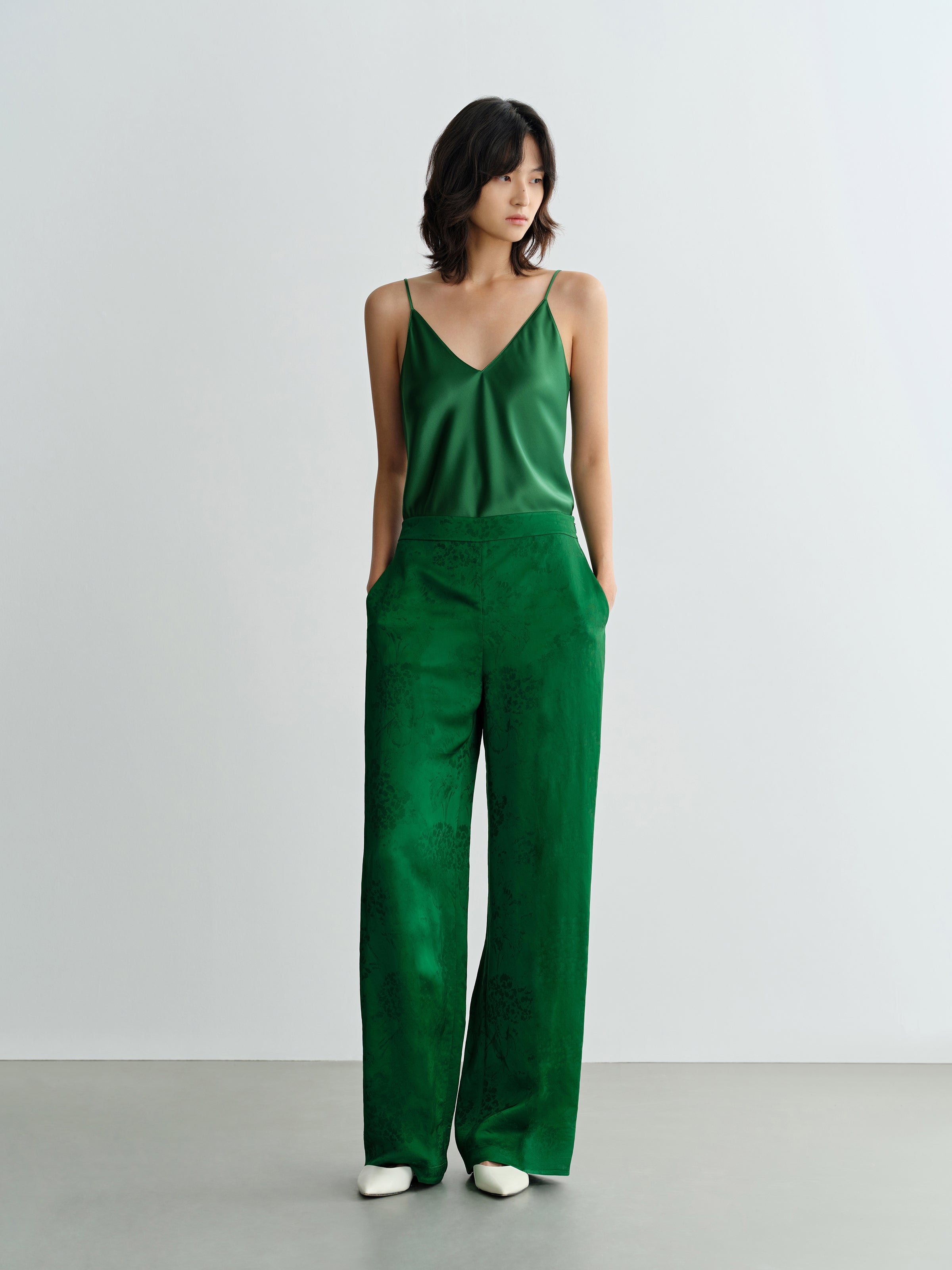 Green Acetate V-Neck Draped Neckline Camisole