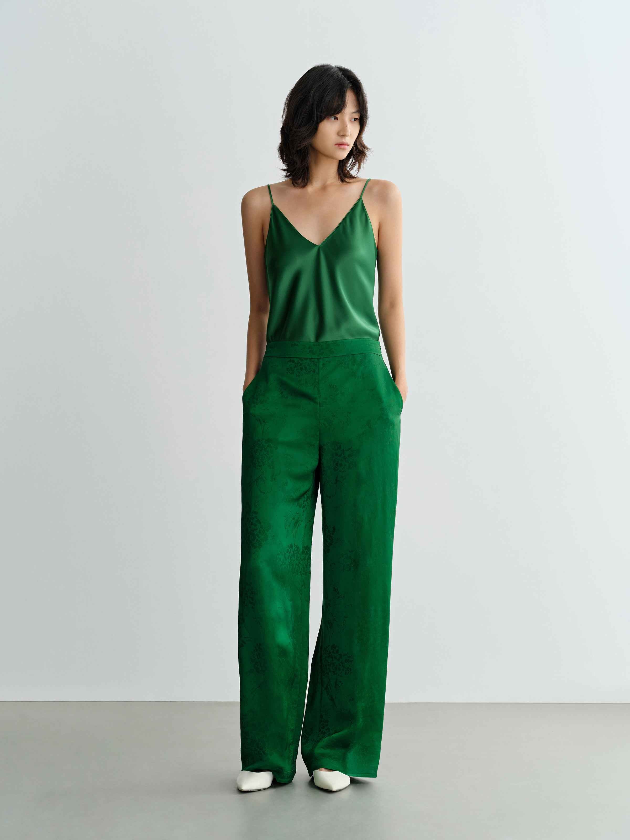 Green Acetate V-Neck Draped Neckline Camisole