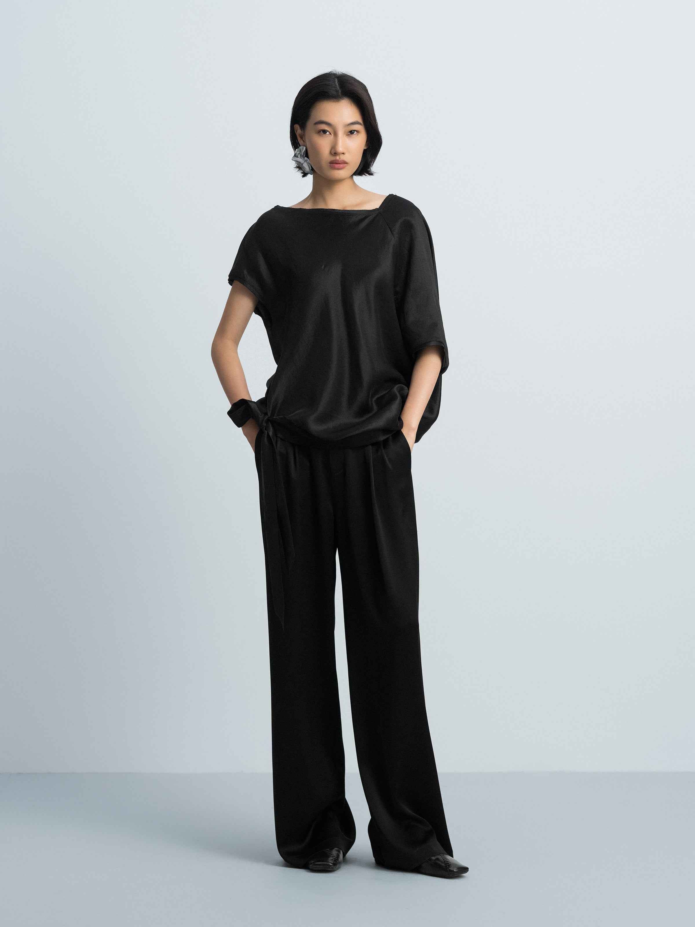 Black Shiny Silk Irregular Cocoon Asymmetric Sleeve Top