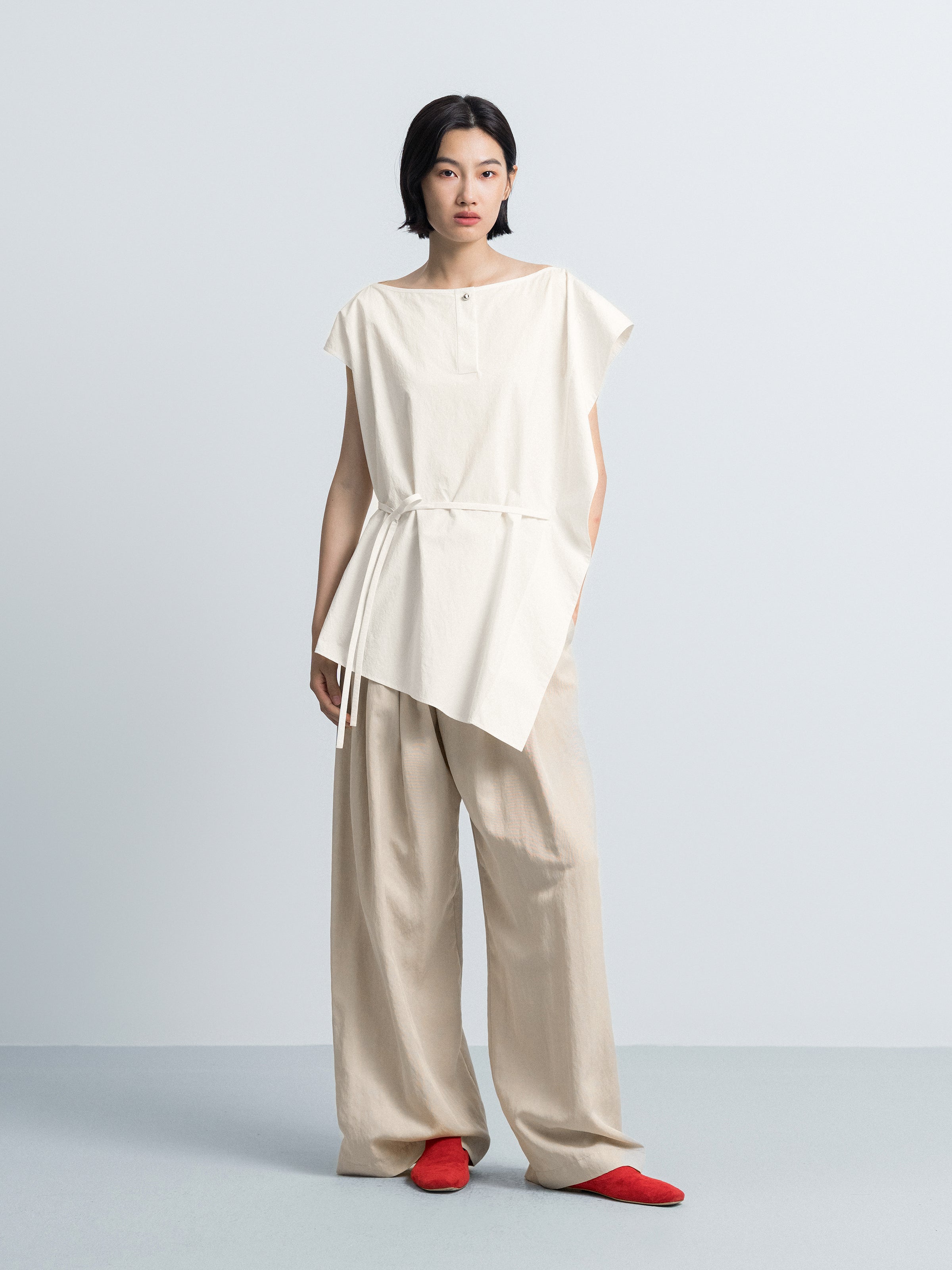 Cream White Pima Cotton Asymmetric Belt Waist Sleeveless Top