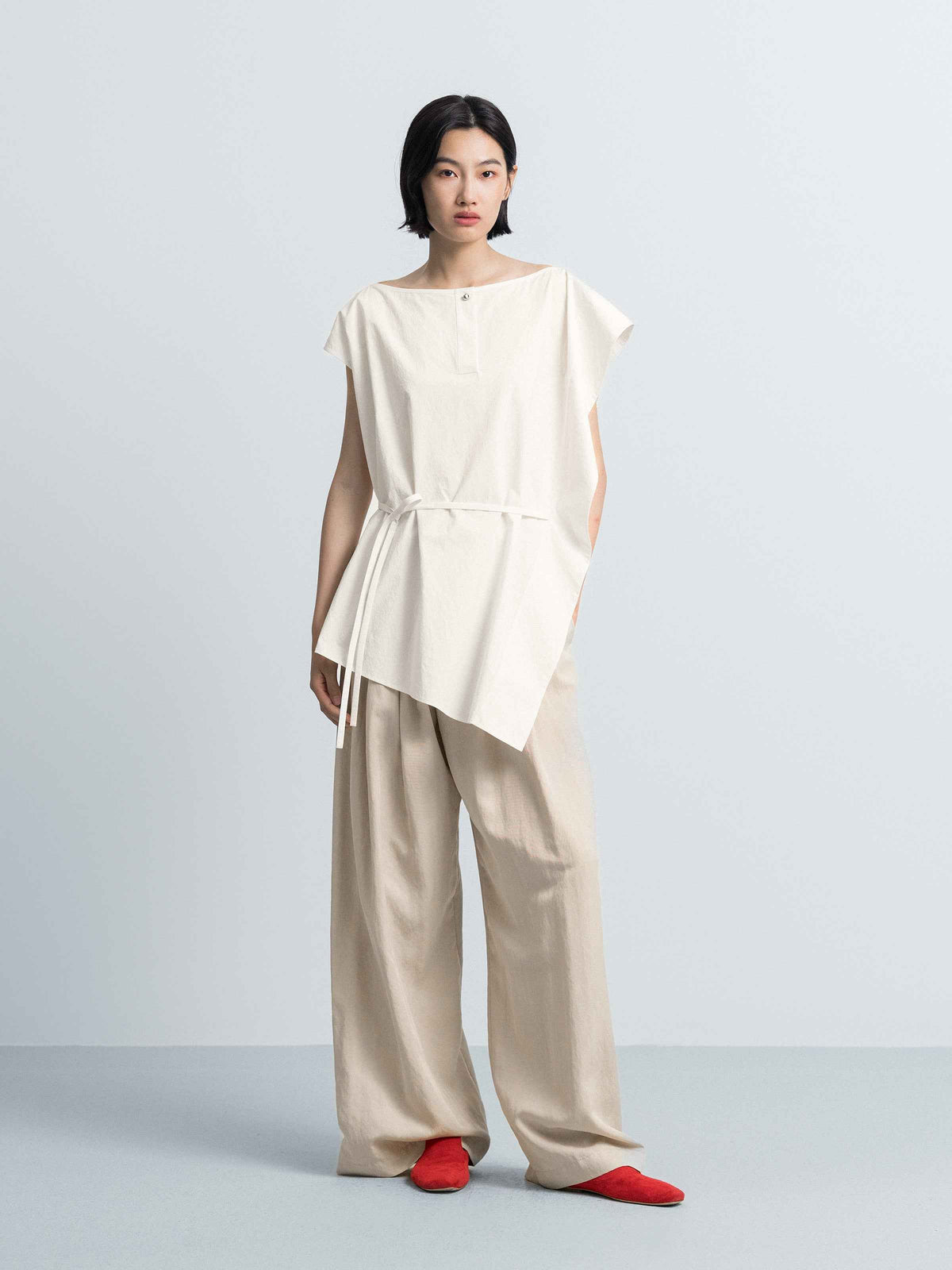 Cream White Pima Cotton Asymmetric Belt Waist Sleeveless Top