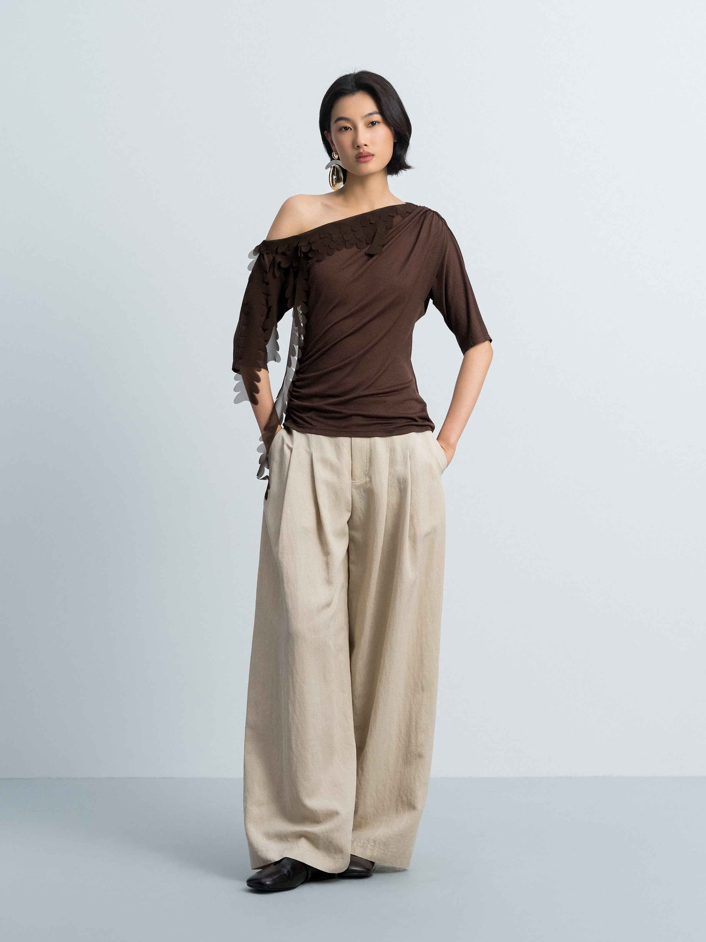 Brown Acetate Poly Knit One-Shoulder Ruching Elbow-Sleeve Top