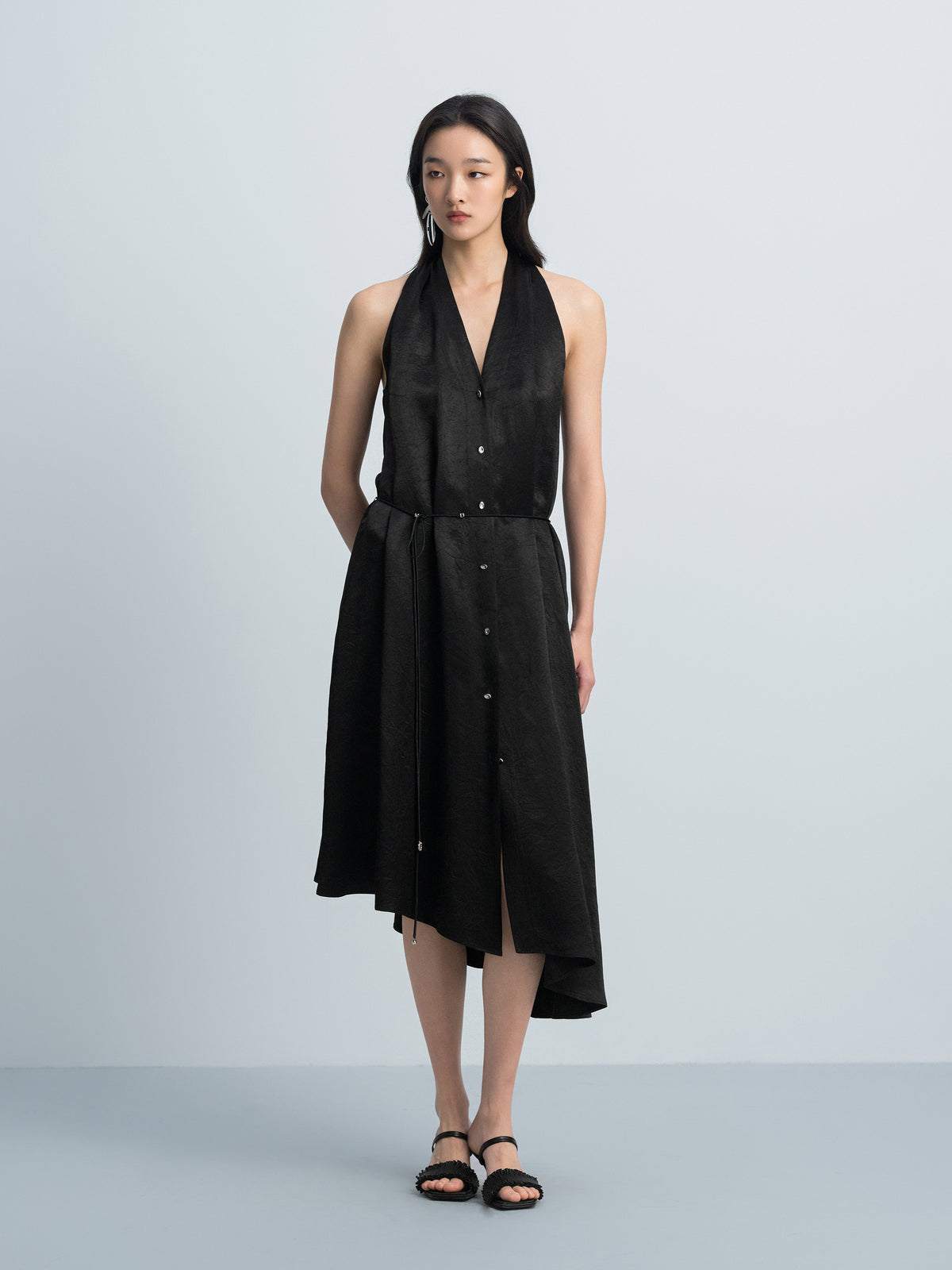 Black Acetate Satin Halter V-Neck Belt Waist Sleeveless Dress