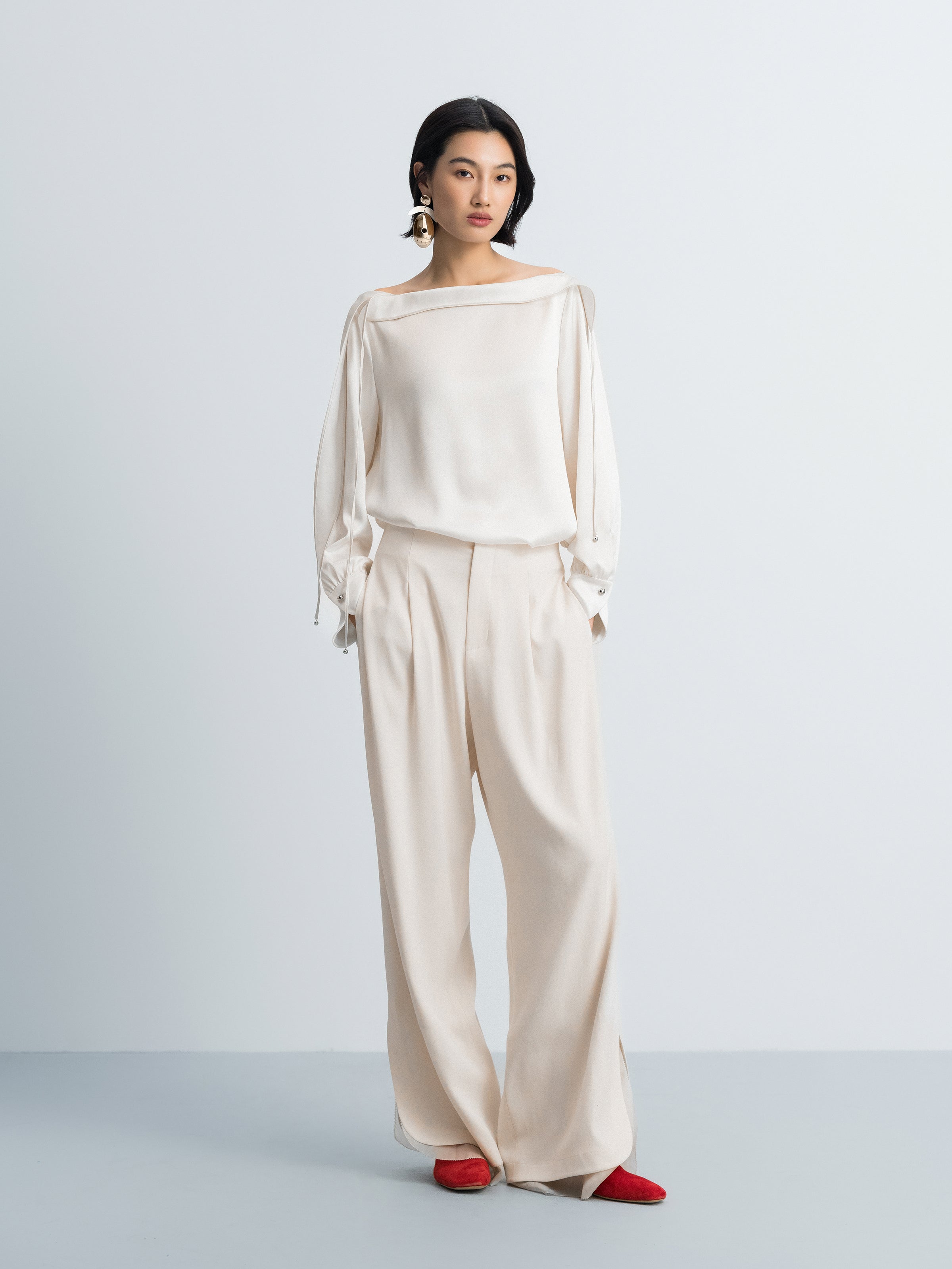 Cream White Acetate Satin Boat Neck Crossover Top