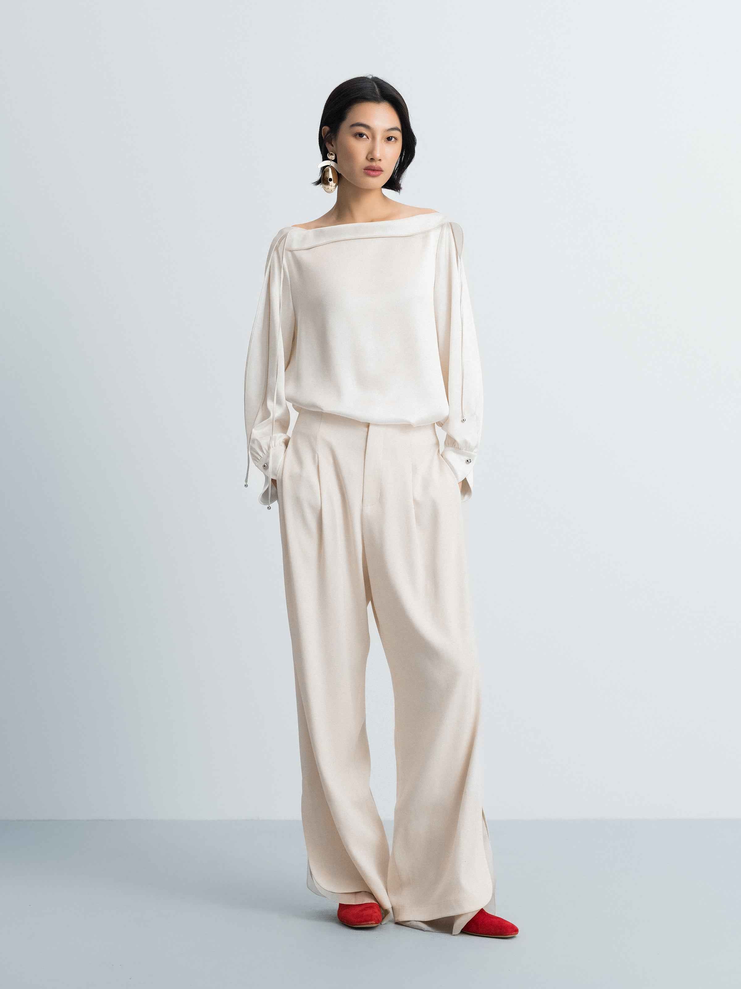 Cream White Acetate Satin Boat Neck Crossover Top