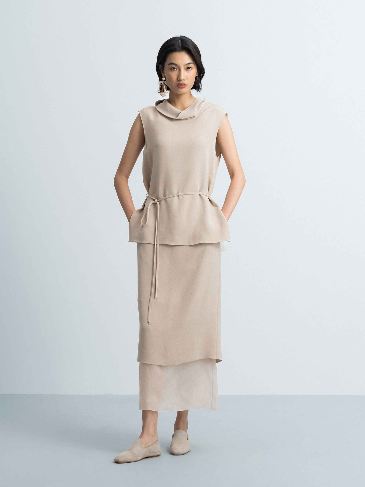 Light Khaki Mulberry Silk Gauze Splice Straight Midi Skirt