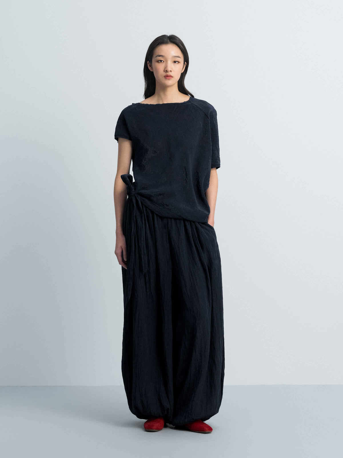 Navy Blue Tencel Snow-Washed Asymmetric Sleeve Cocoon Top