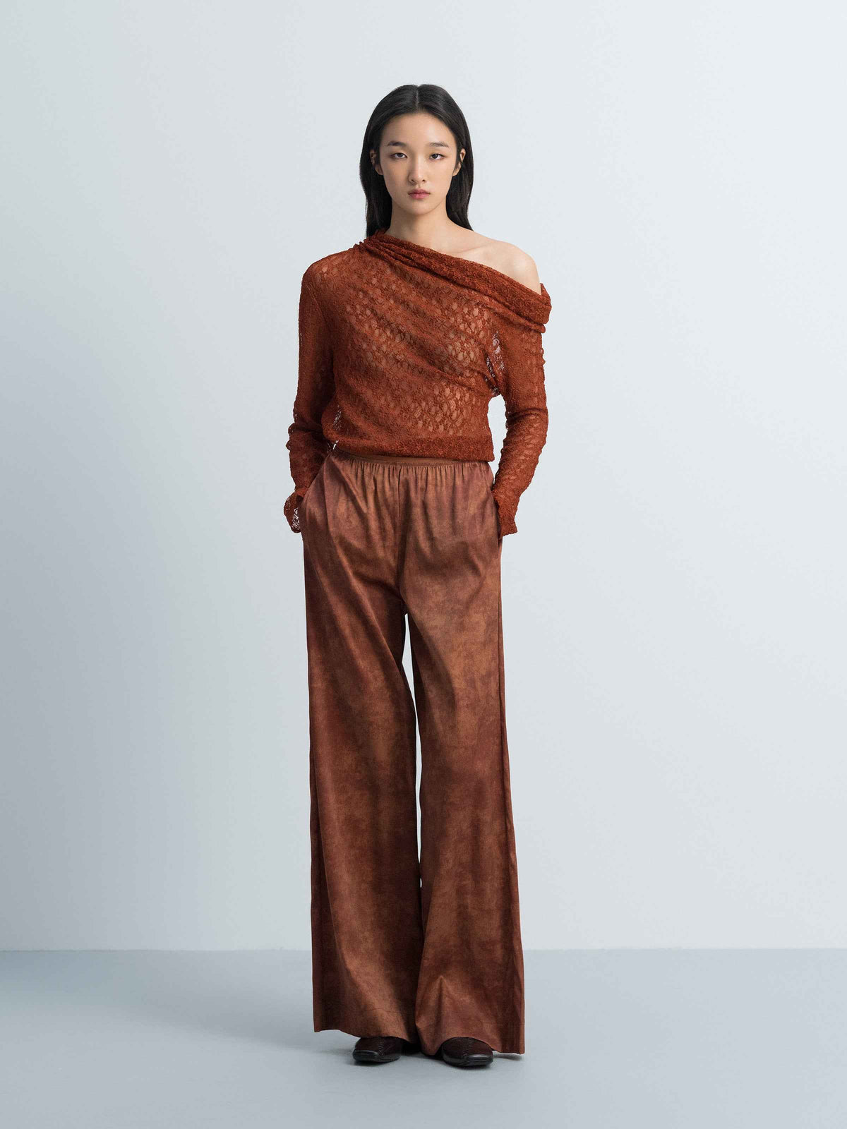Orange Red Stretch Lace Stacked Neck Fitted Long-Sleeve Top