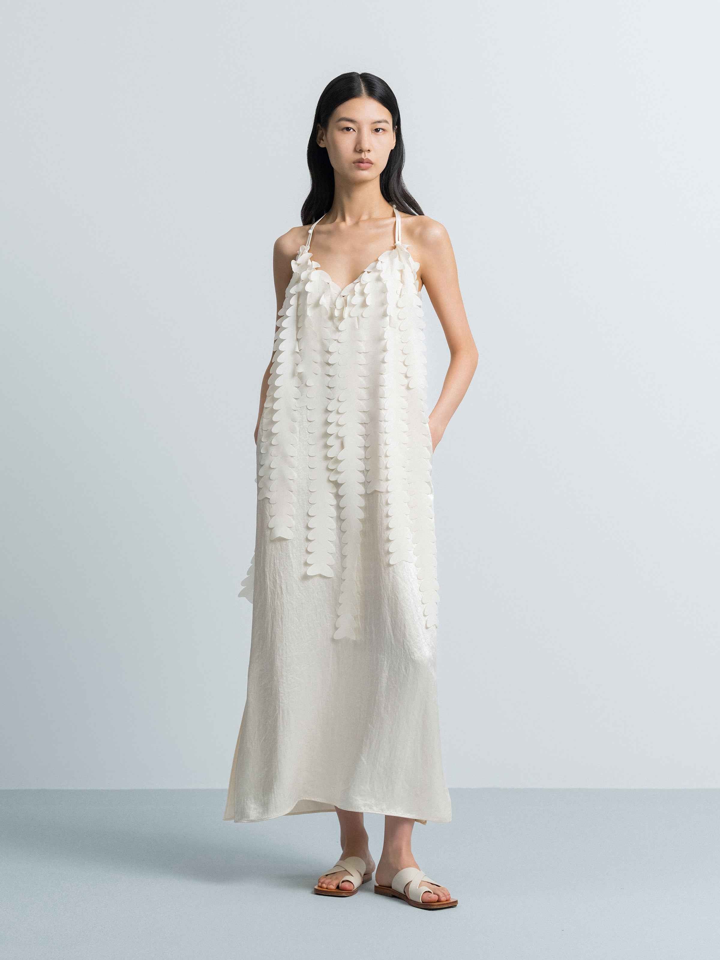 Cream White Acetate V-Neck Double Strap Floral Slip Dress