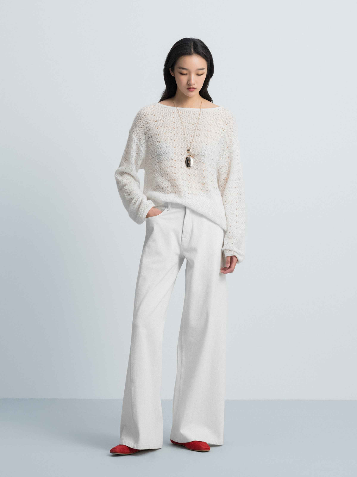 Off White Alpaca Wool Tencel Openwork Knit Pullover